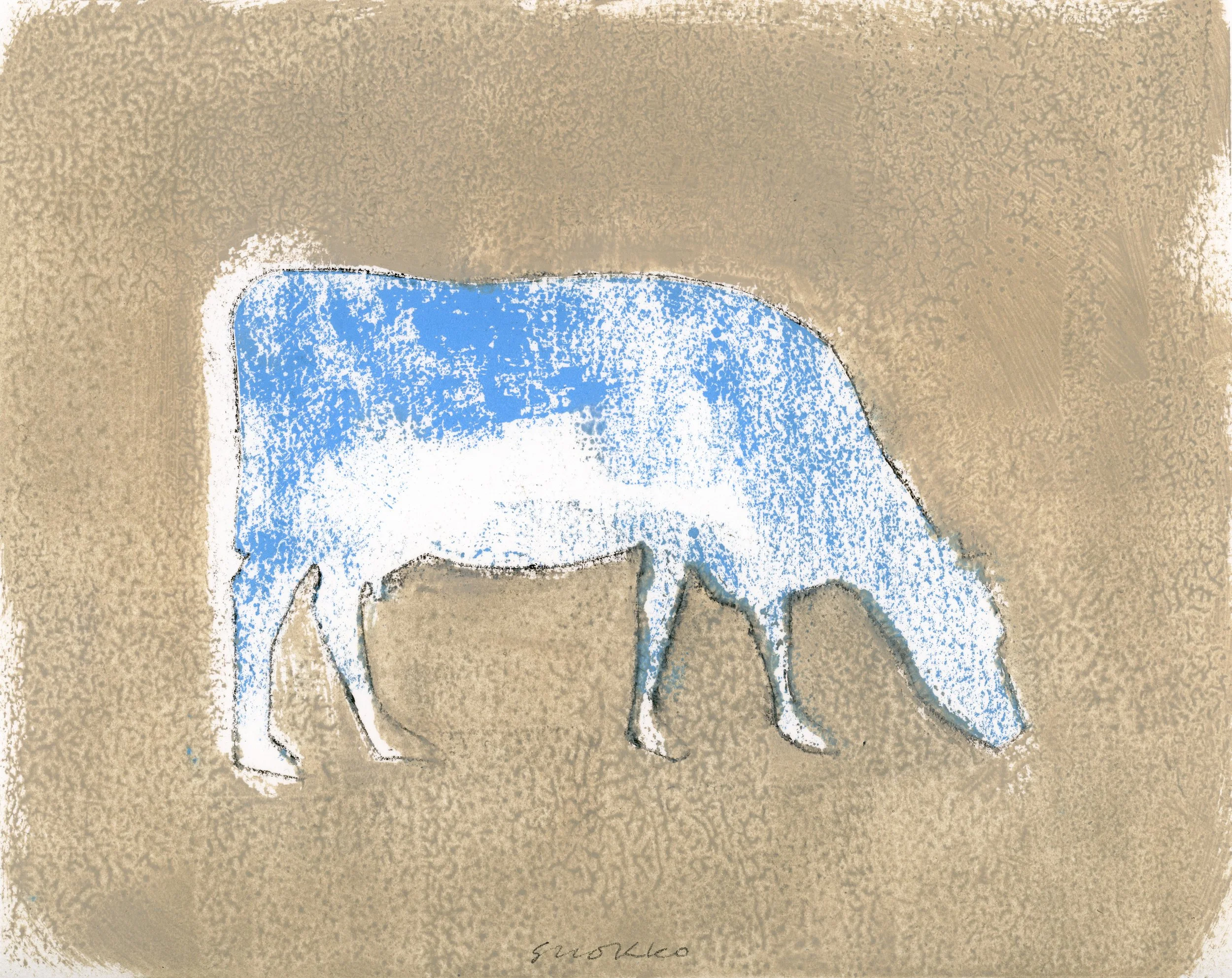 White cow with blue highlights and drawn outline.