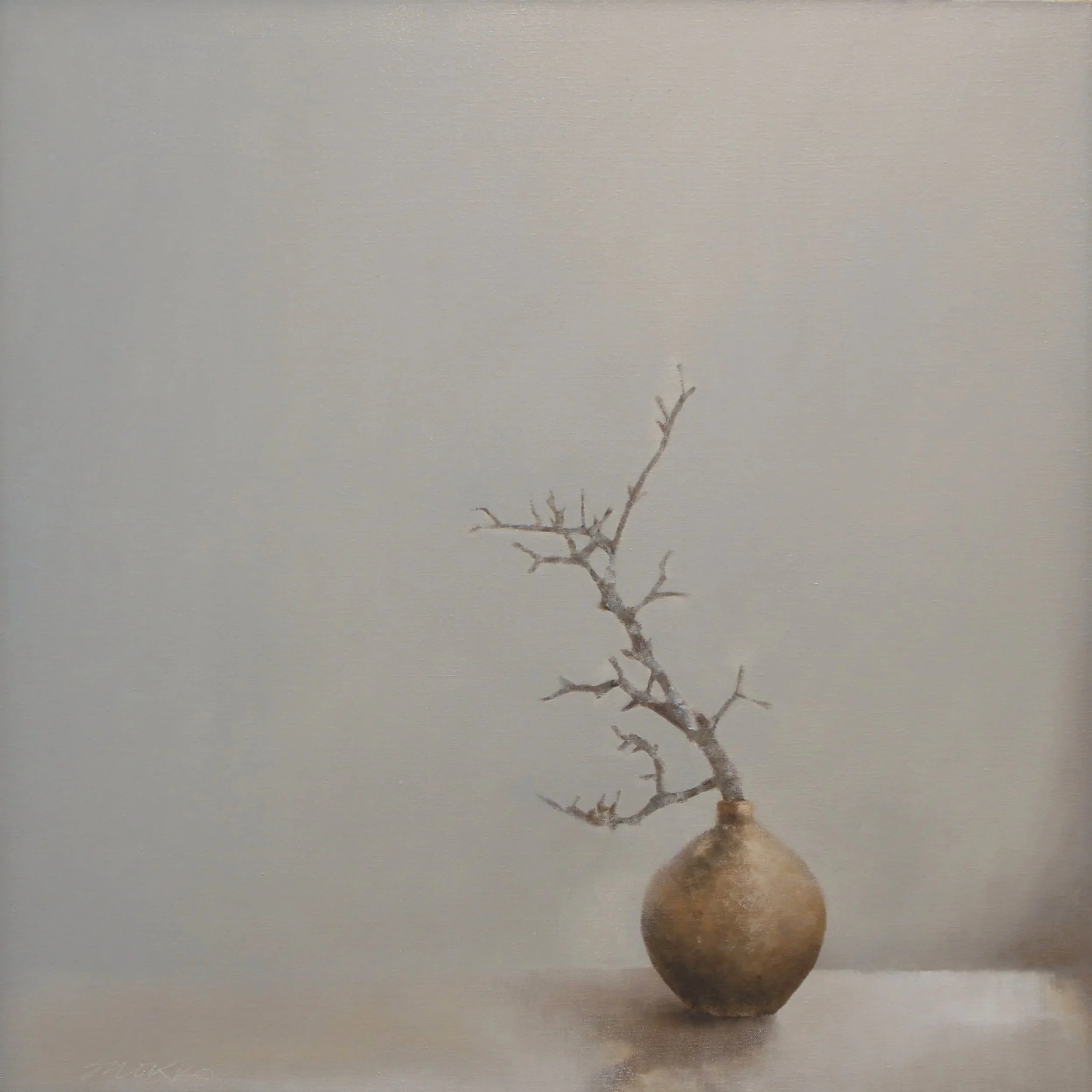 Still life with vessel and apple branches.