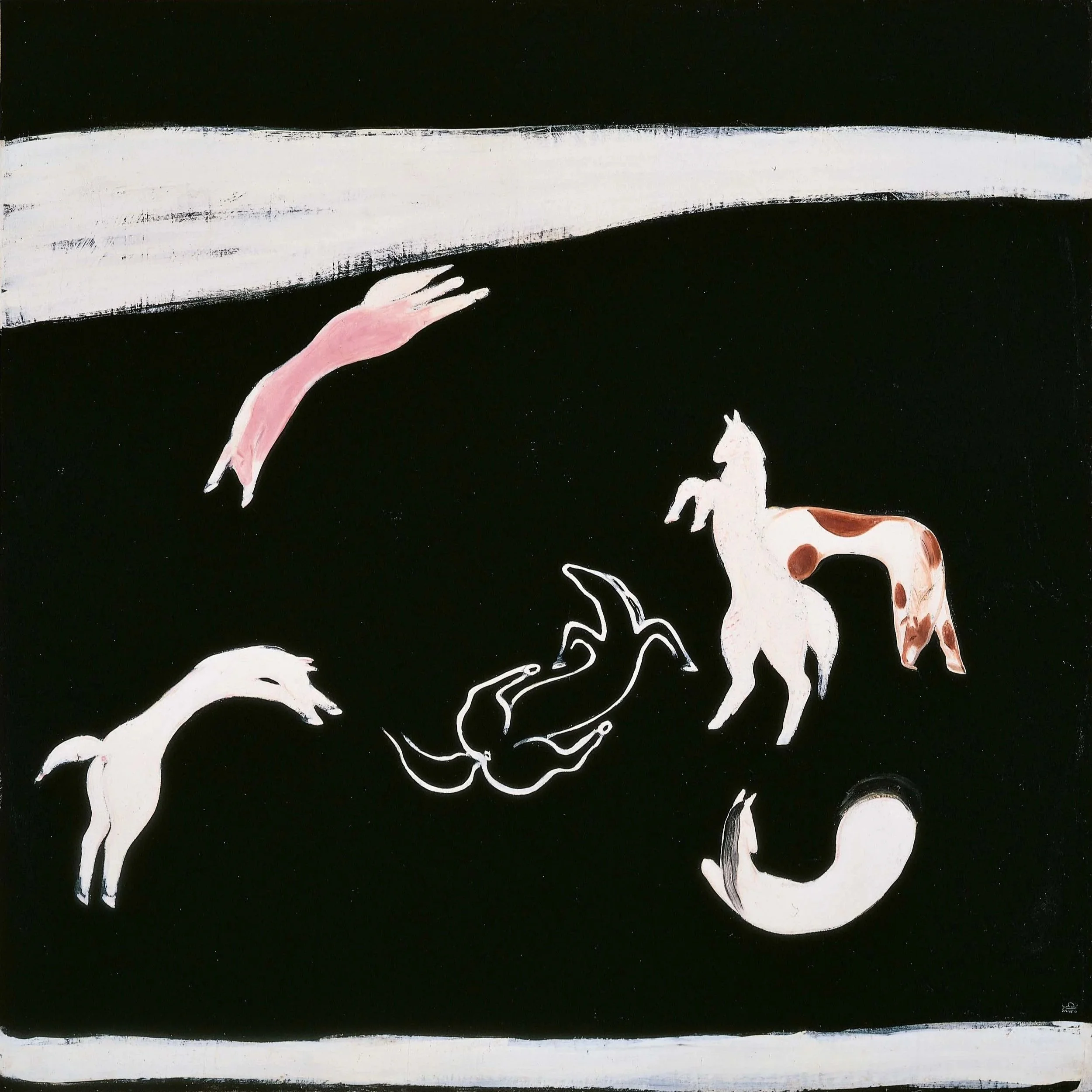 Oil painting by Sanyu of several horses on a black background.