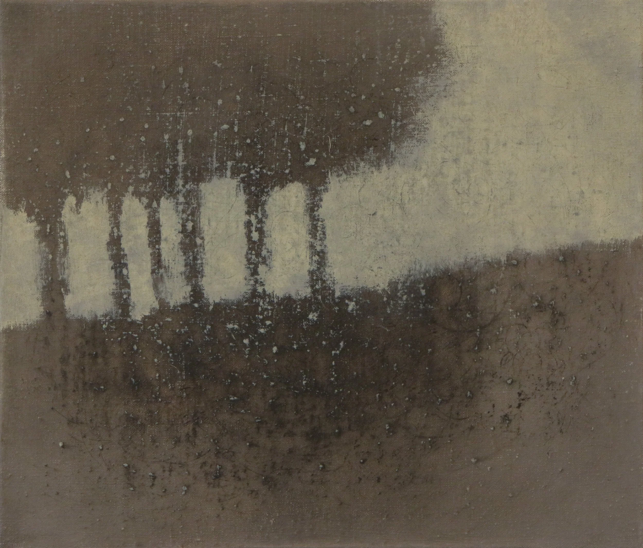 Soft neutral landscape with six silhouetted trees.