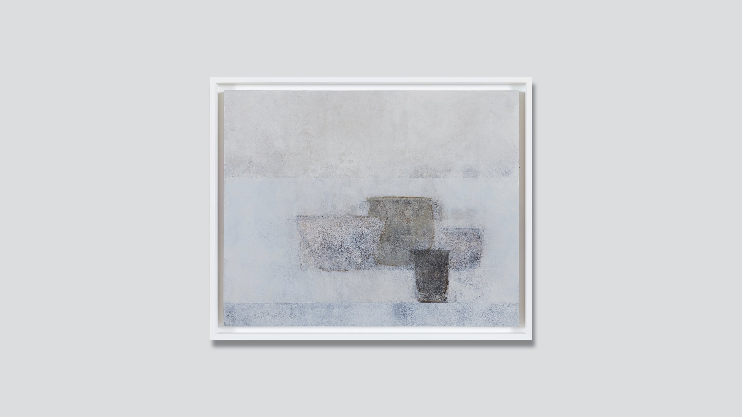 Framed abstract still life oil painting in soft colors.