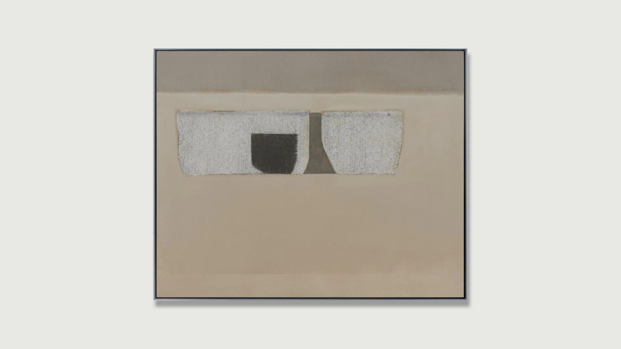 Framed oil painting, abstract still life with two white and one black forms on a beige colored surface.