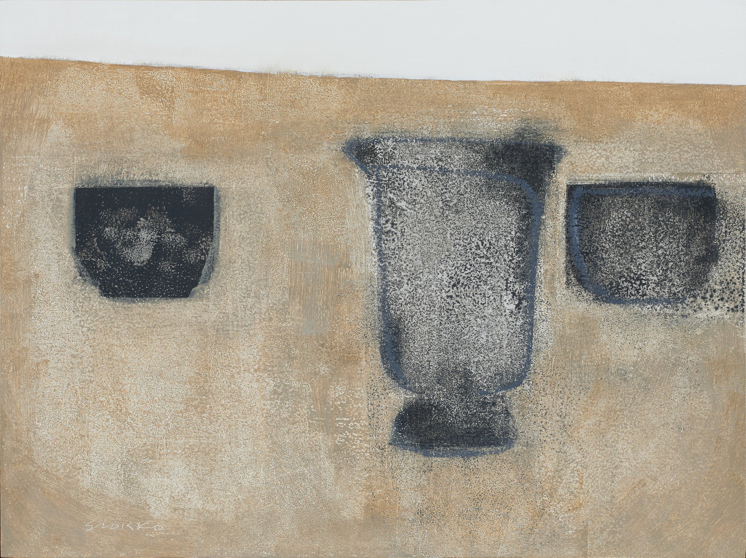 Abstract still life, three vessels on a table.