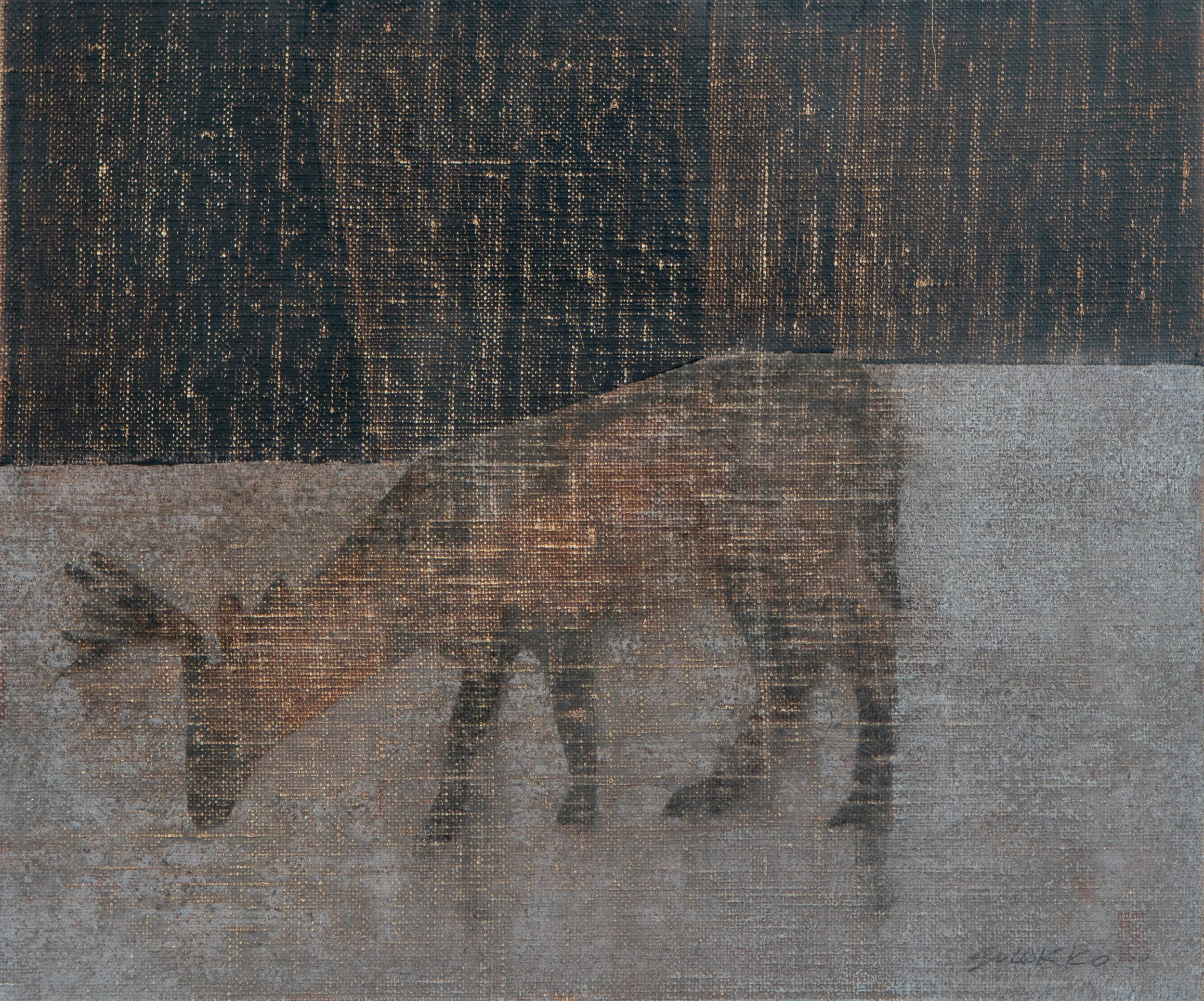 Deer grazing in a geometric field, oil on linen.