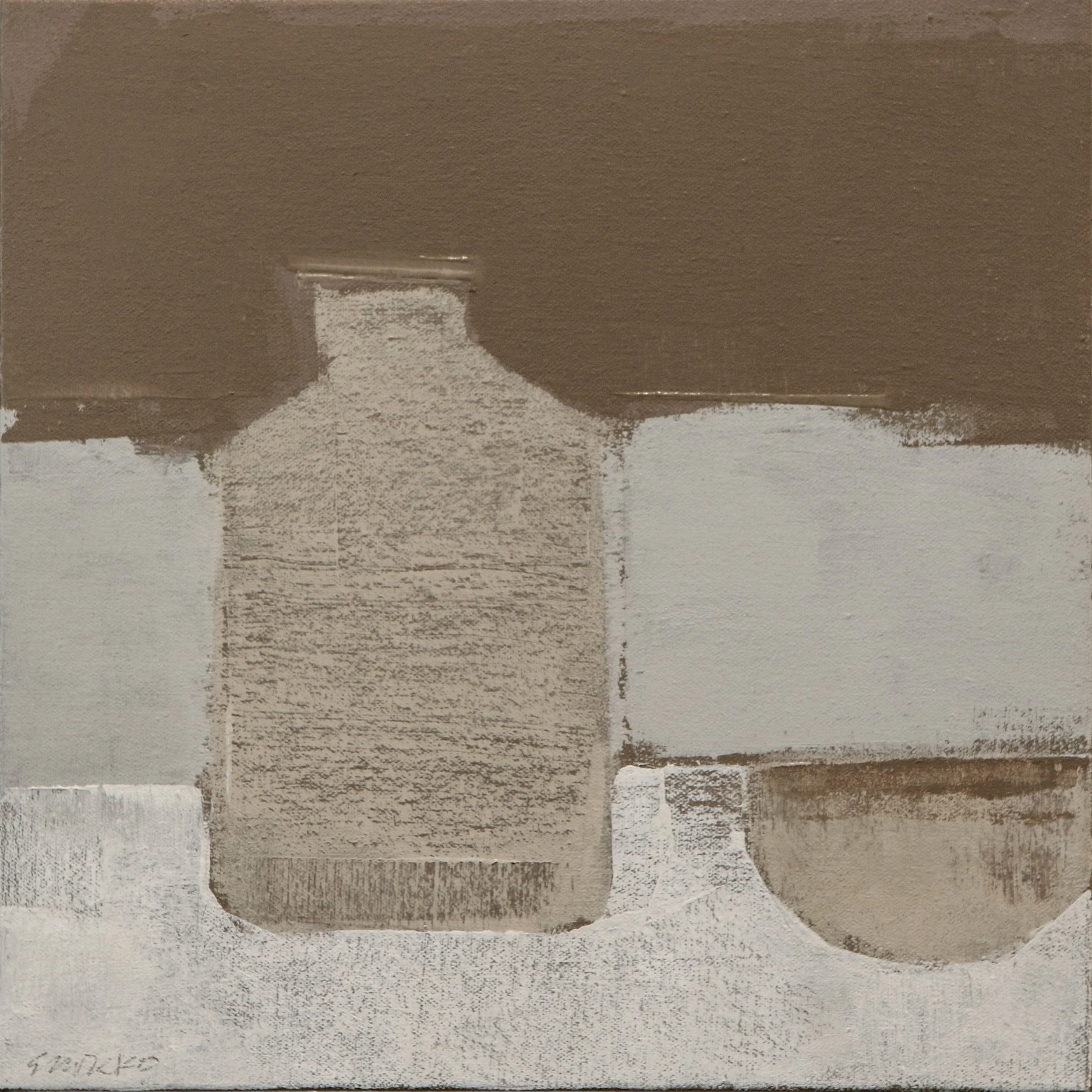 Abstract still life with bottle and bowl, oil on canvas by Glenn Suokko.