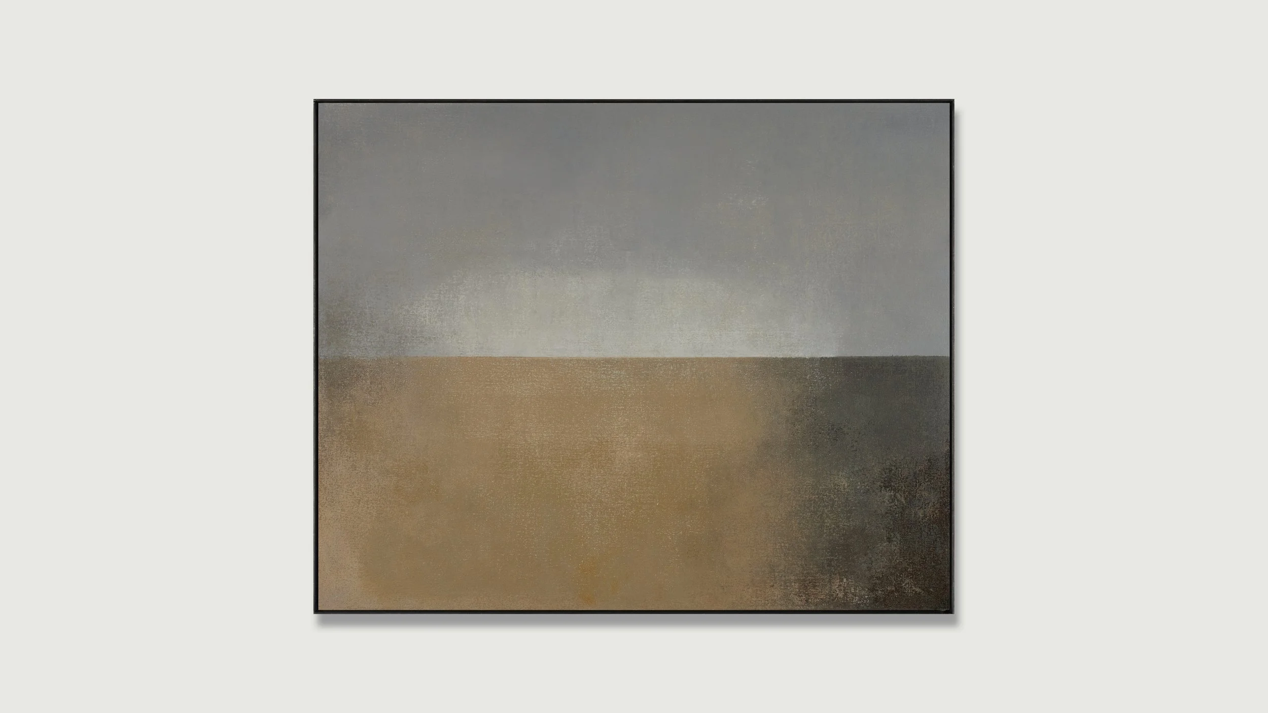 Framed abstract landscape painting with strong horizon dividing sky and land, by Glenn Suokko.