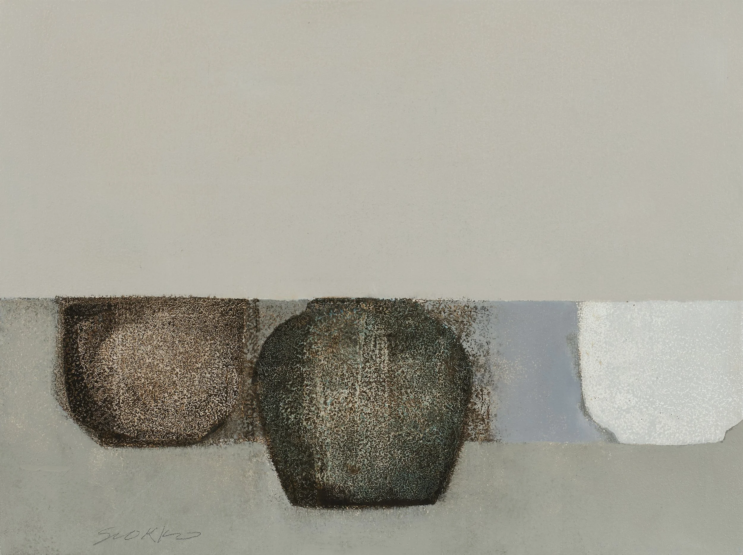 Abstract still life of three vessels, oil on wood panel by Glenn Suokko.