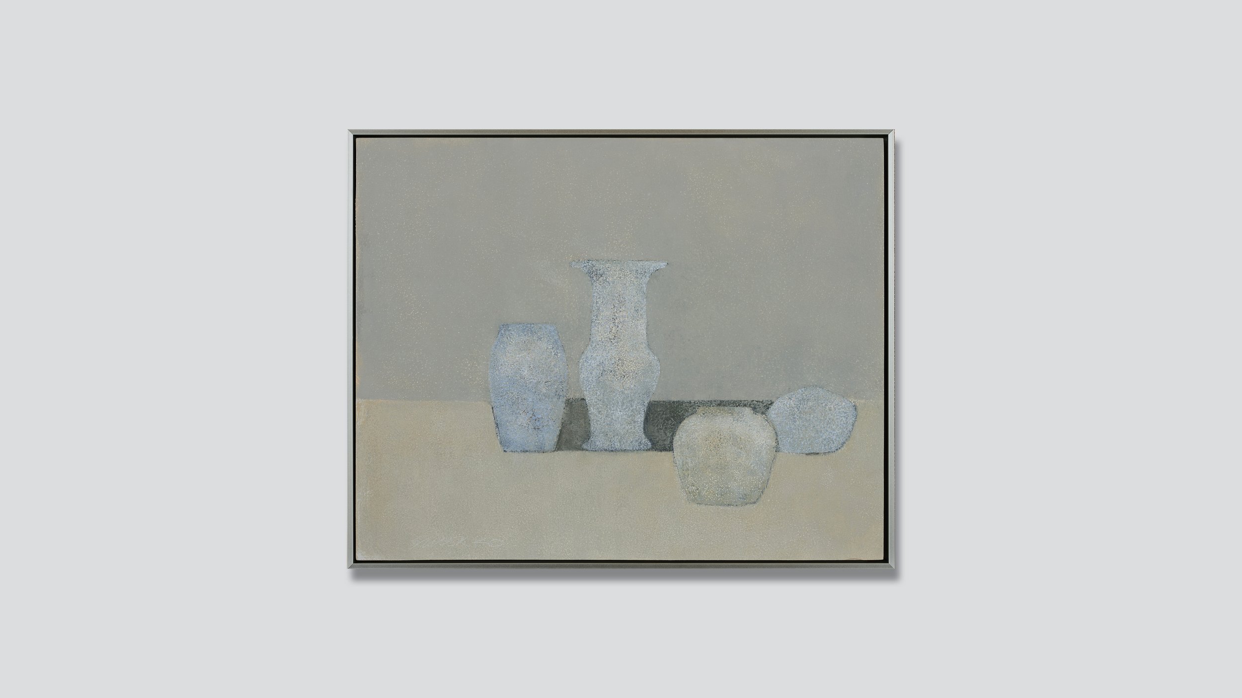 Framed abstract still life, oil on wood by Glenn Suokko.
