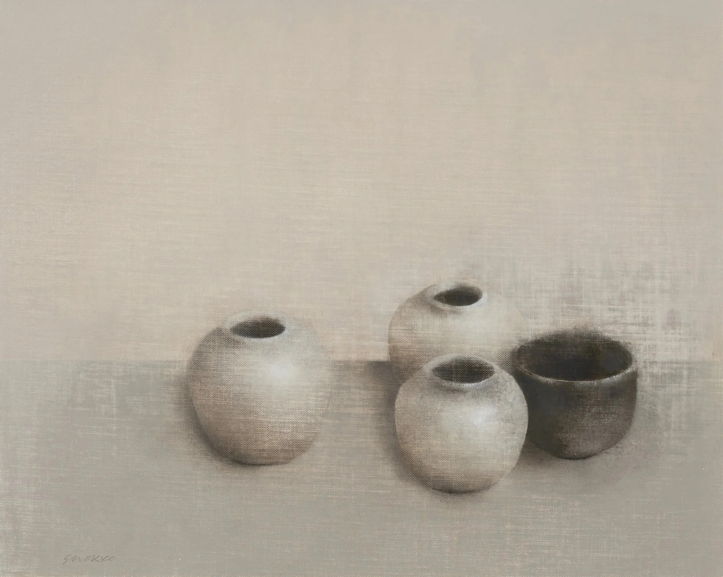 Qing dynasty ginger jars and a black cup, oil on linen, Glenn Suokko.