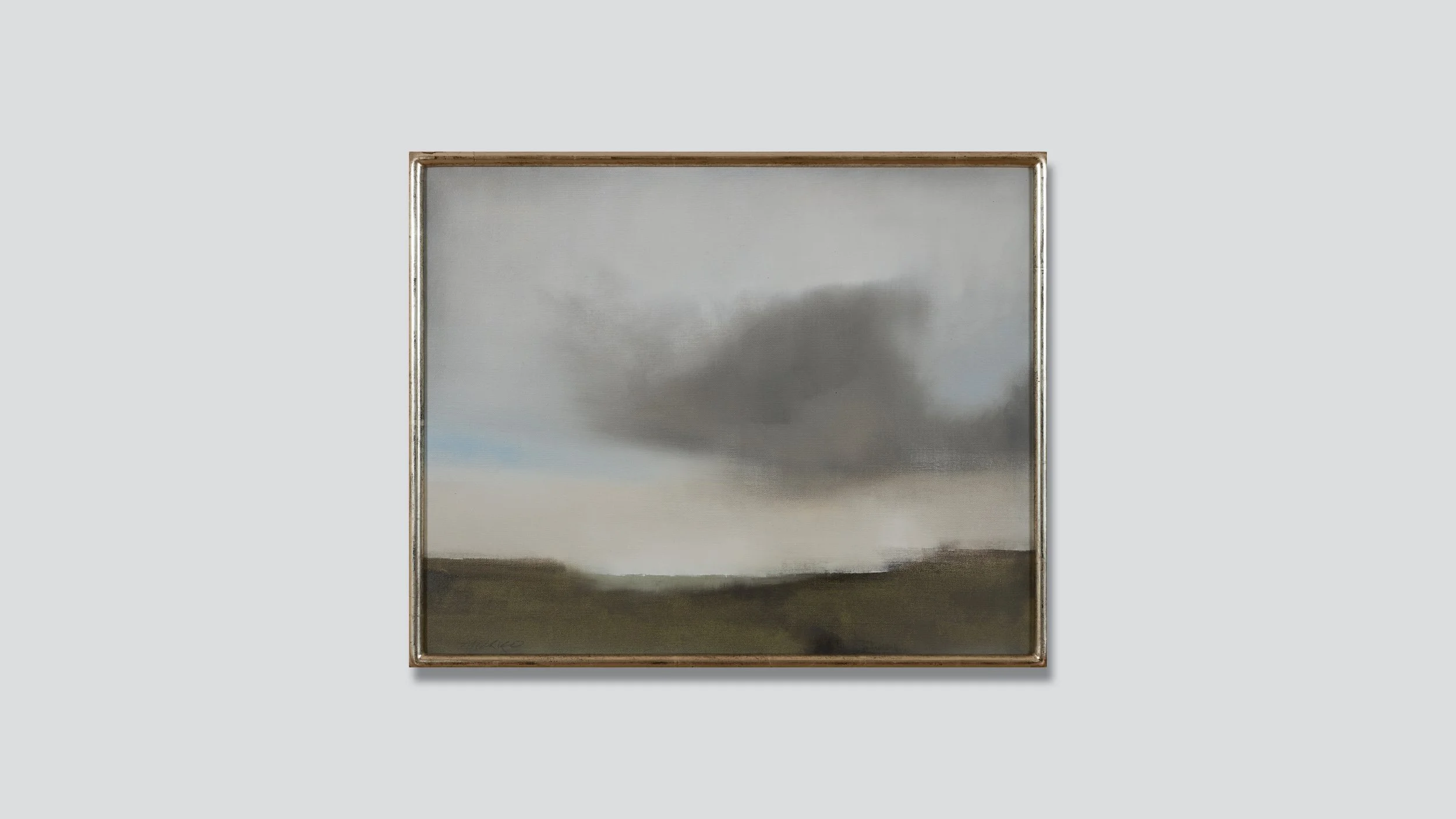 Framed minimalist landscape painting in grays.