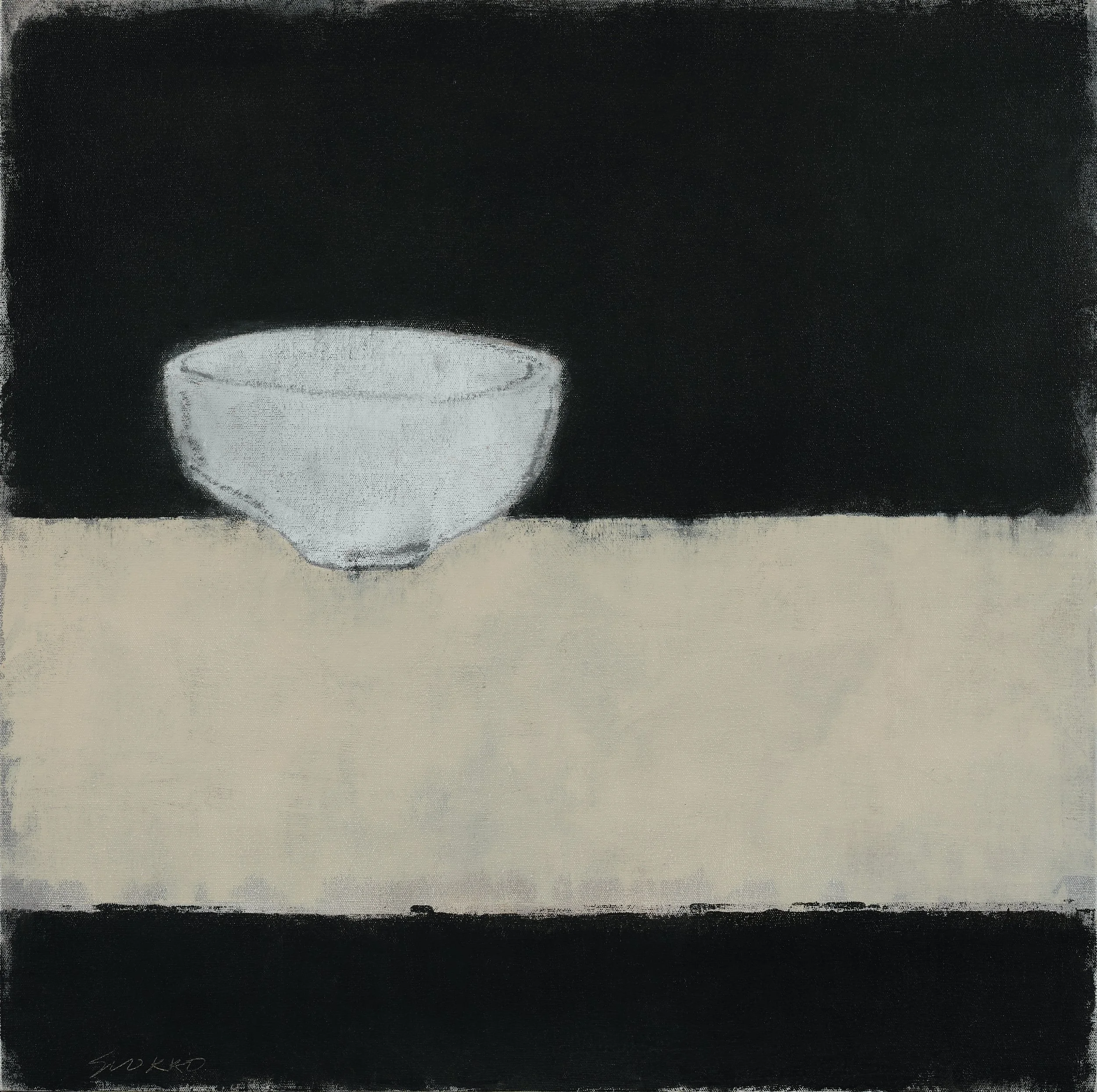 White bowl on a suggested tabletop, oil and pastel on canvas, Glenn Suokko.