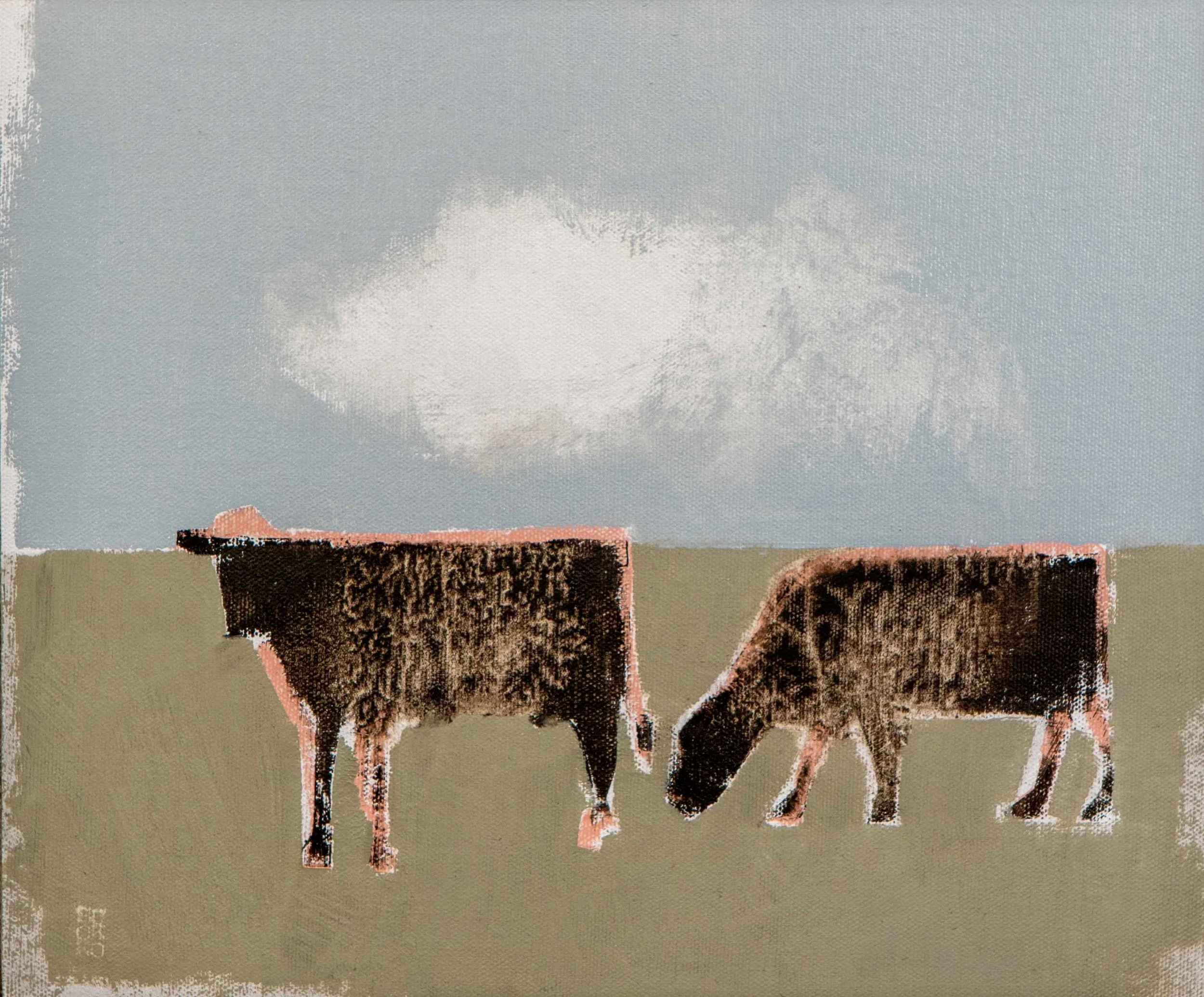 Oil painting by Glenn Suokko depicting symbolic cows in an abstract Vermont landscape, exploring stillness, gesture, and Nordic-inspired simplicity.
