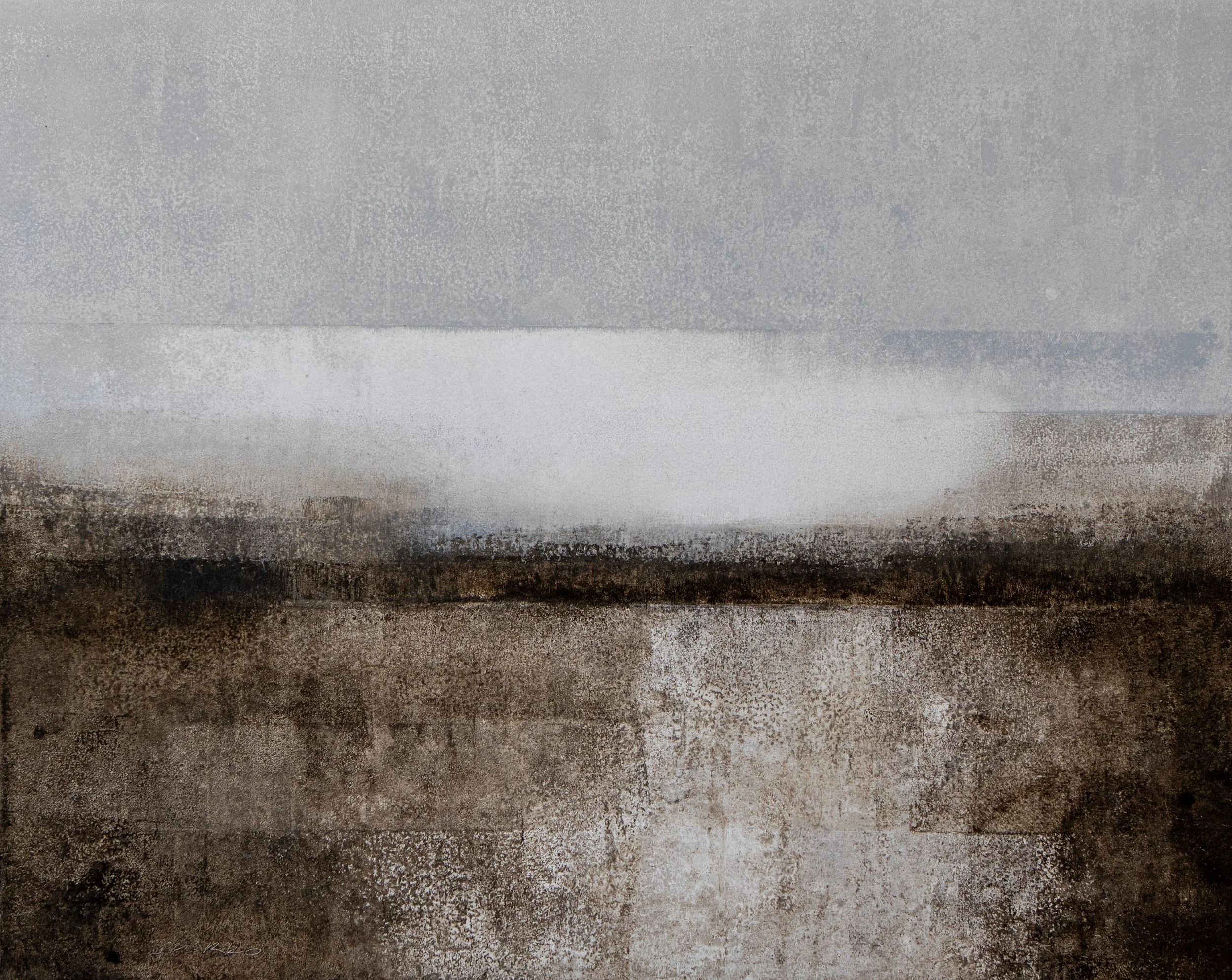 A landscape scene with a cloudy sky over a flat ground painted in raw umber.