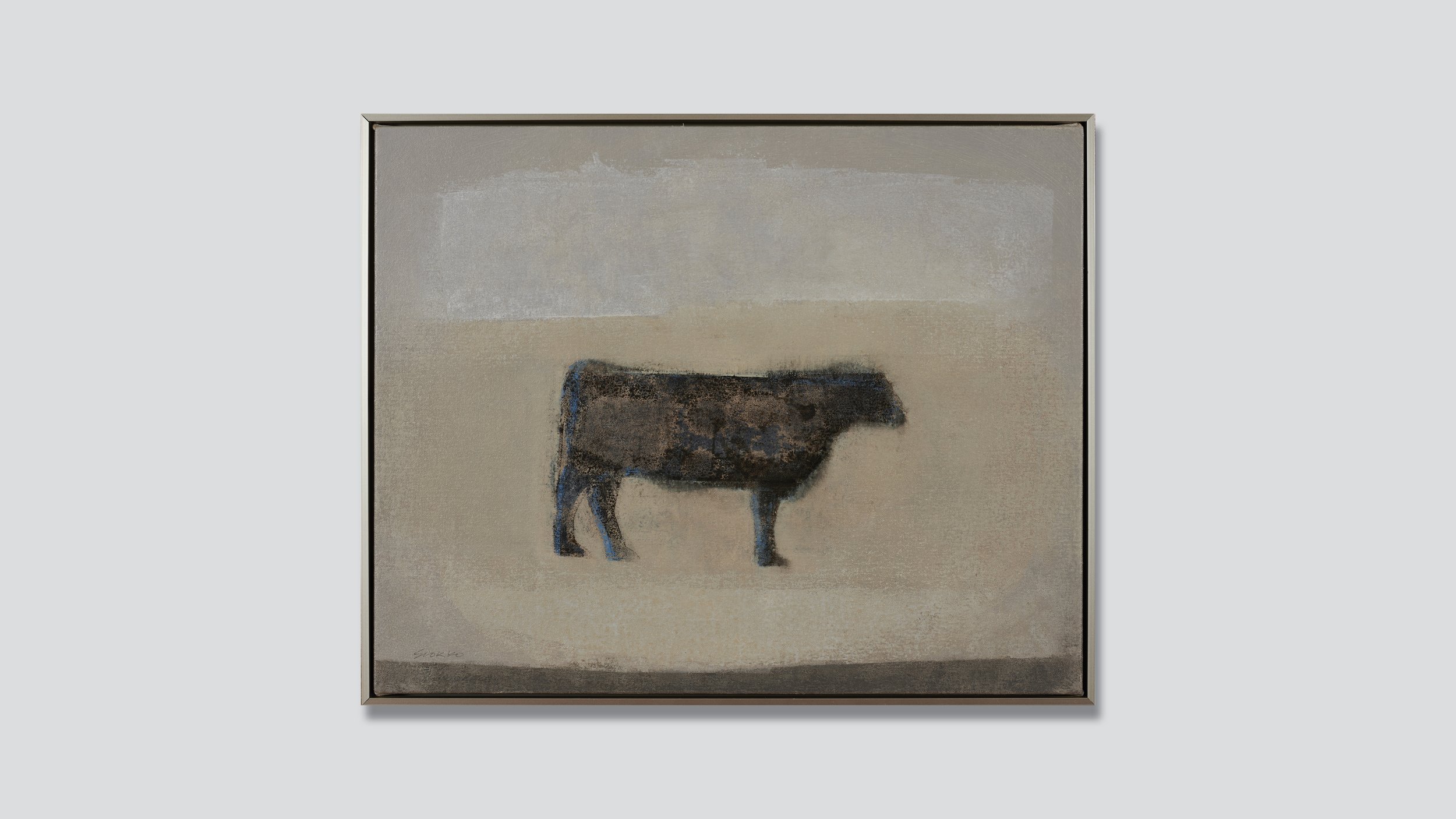 Framed painting of a standing cow on an abstract field, oil on canvas on wood panel by Glenn Suokko.