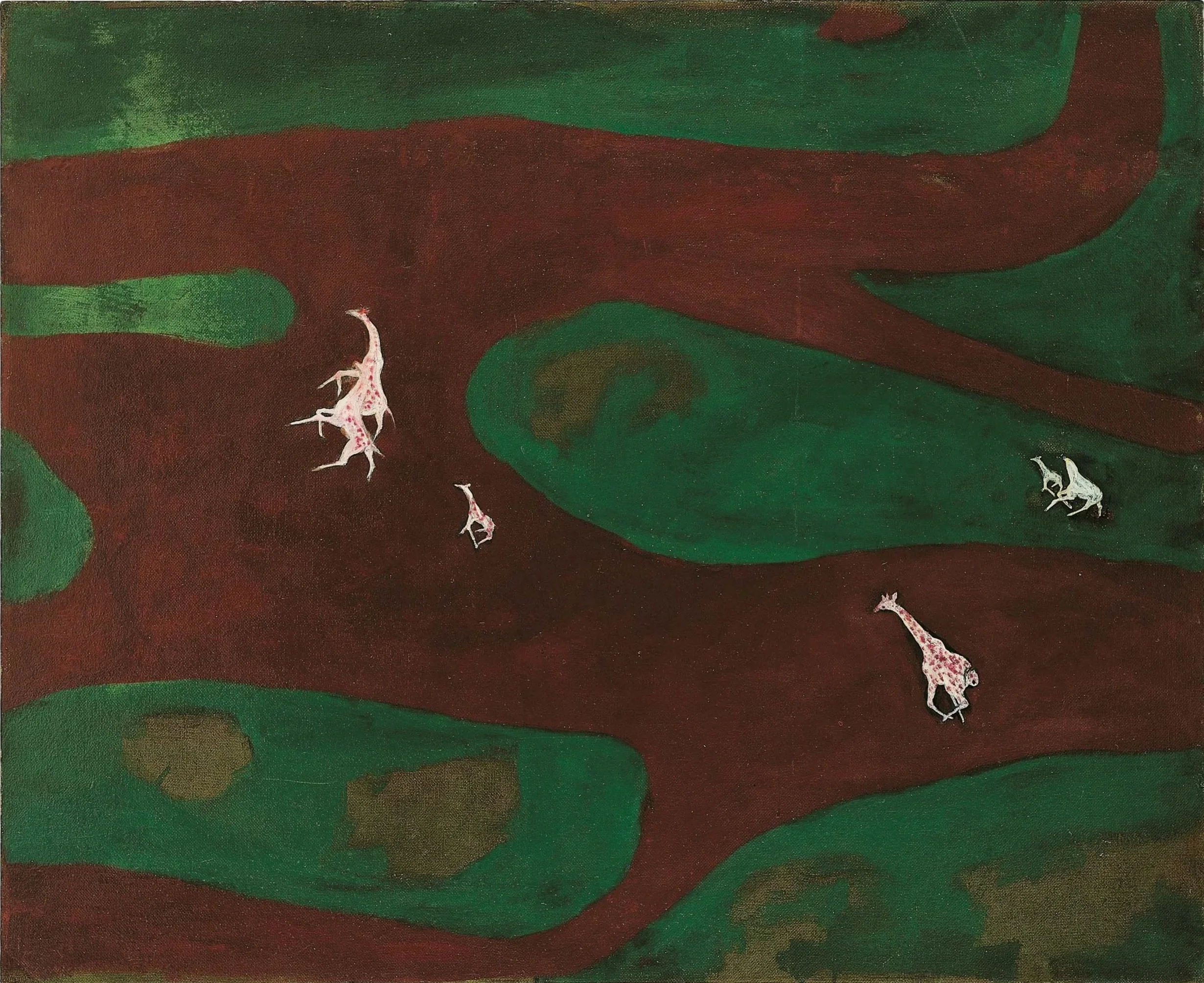 Sanyu, Giraffes in a Green and Maroon Landscape, 1960s, oil on Masonite, 101.5 × 123 cm., Collection national Museum of History, Taipei