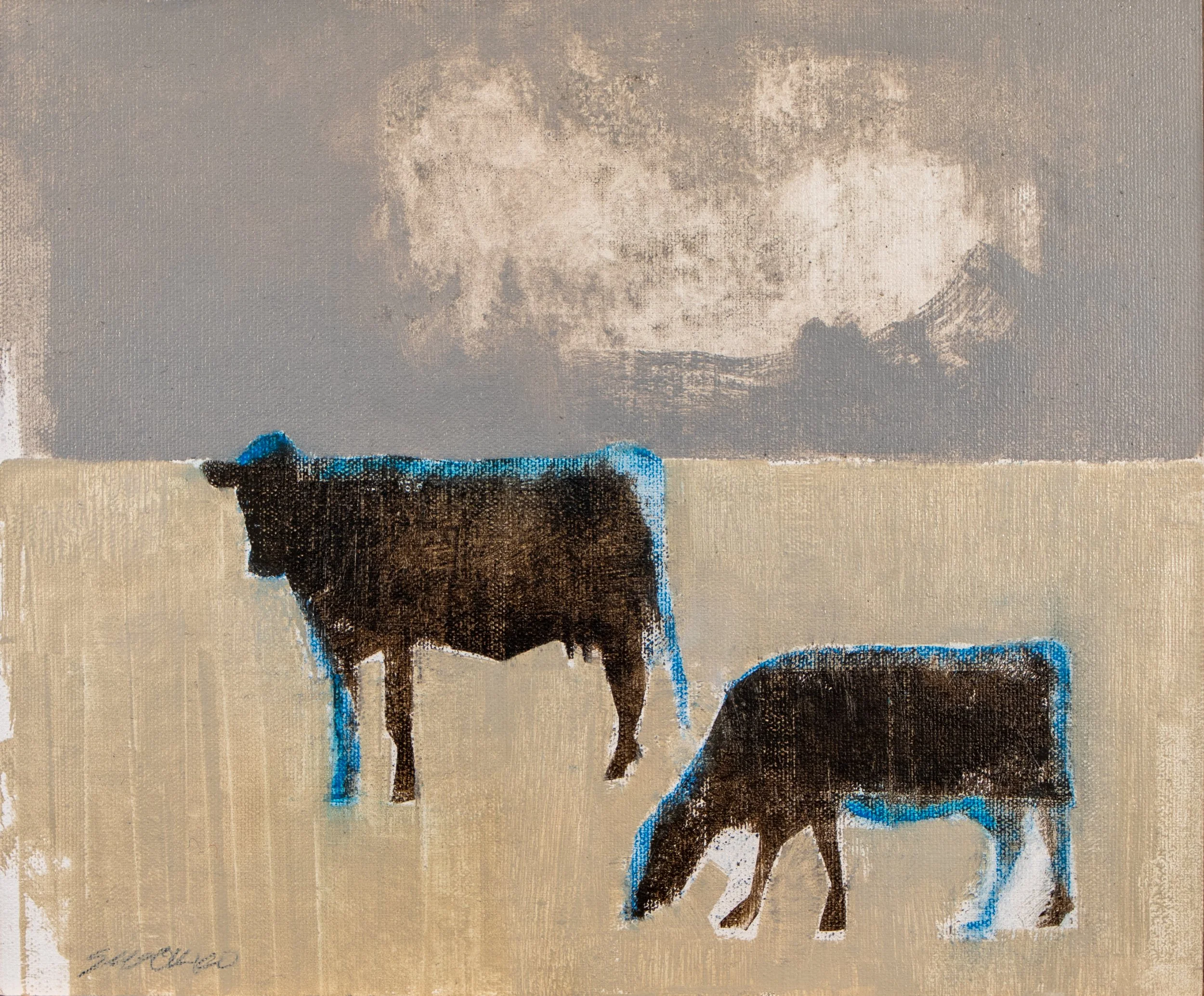 Oil painting by Glenn Suokko depicting symbolic cows in an abstract Vermont landscape, exploring stillness, gesture, and Nordic-inspired simplicity.