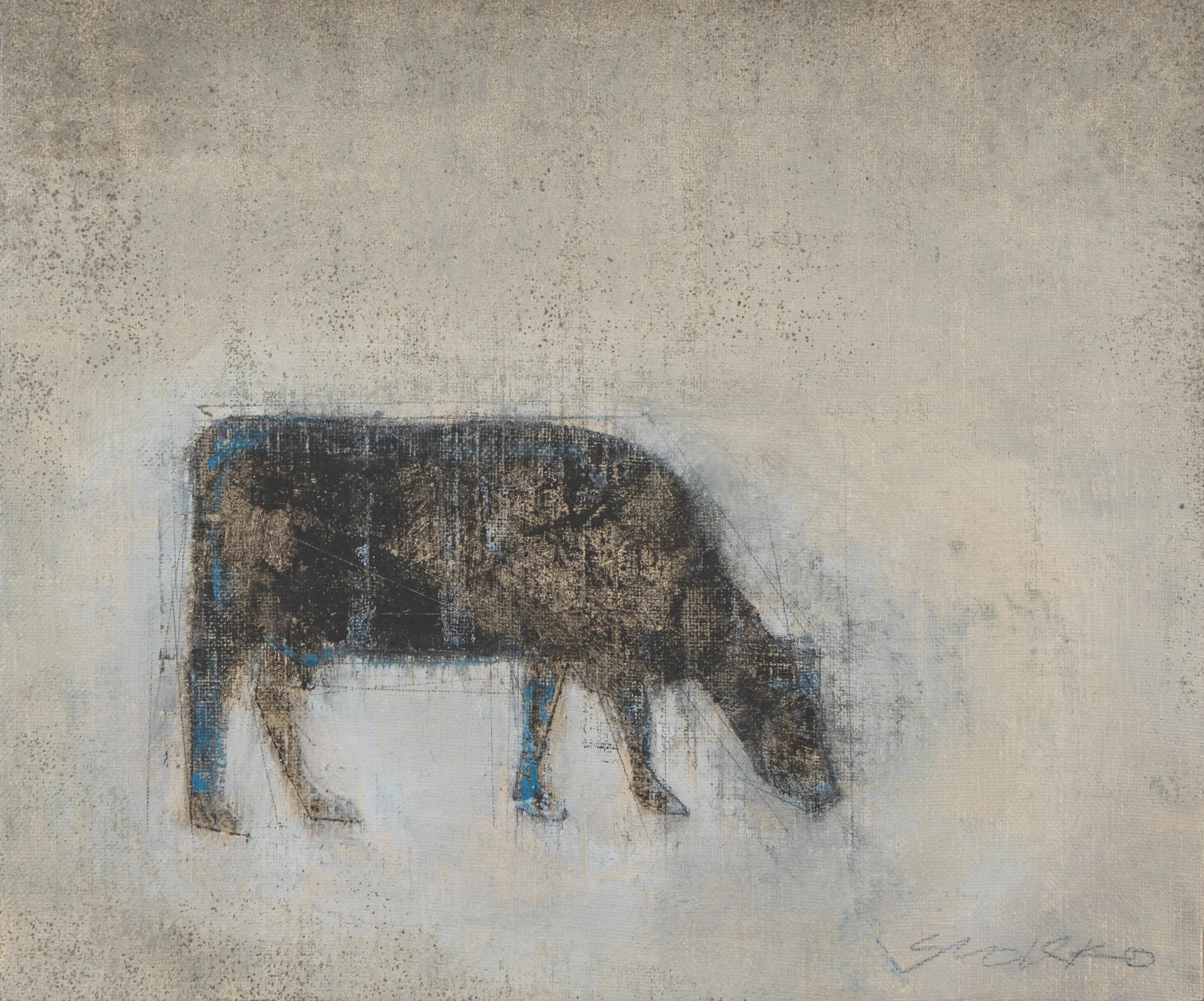 A textured painting of a grazing cow with dark and light brown patches, standing on a white surface against a grayish-beige background.