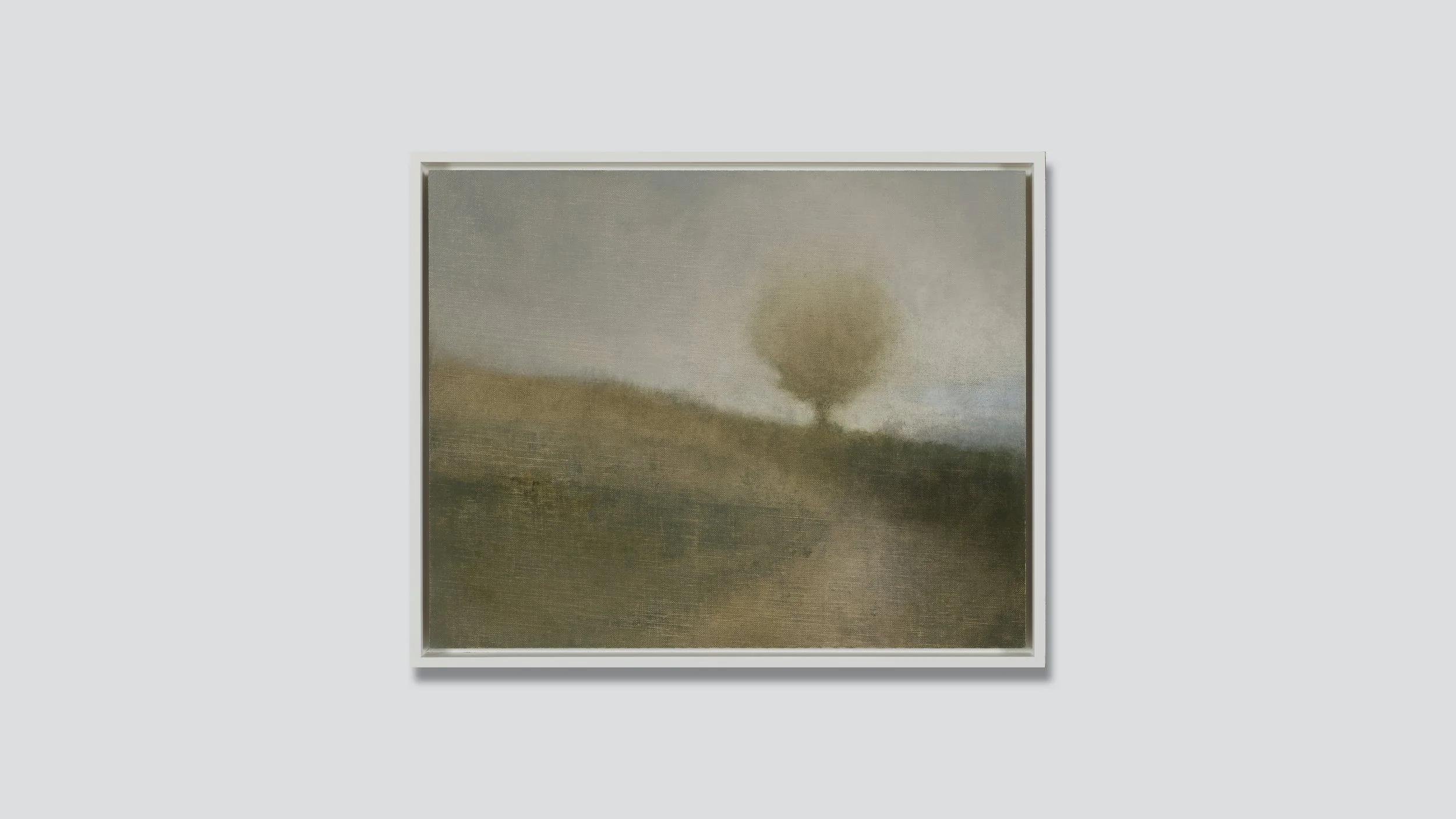 Landscape painting of an apple tree on a hillside meadow.