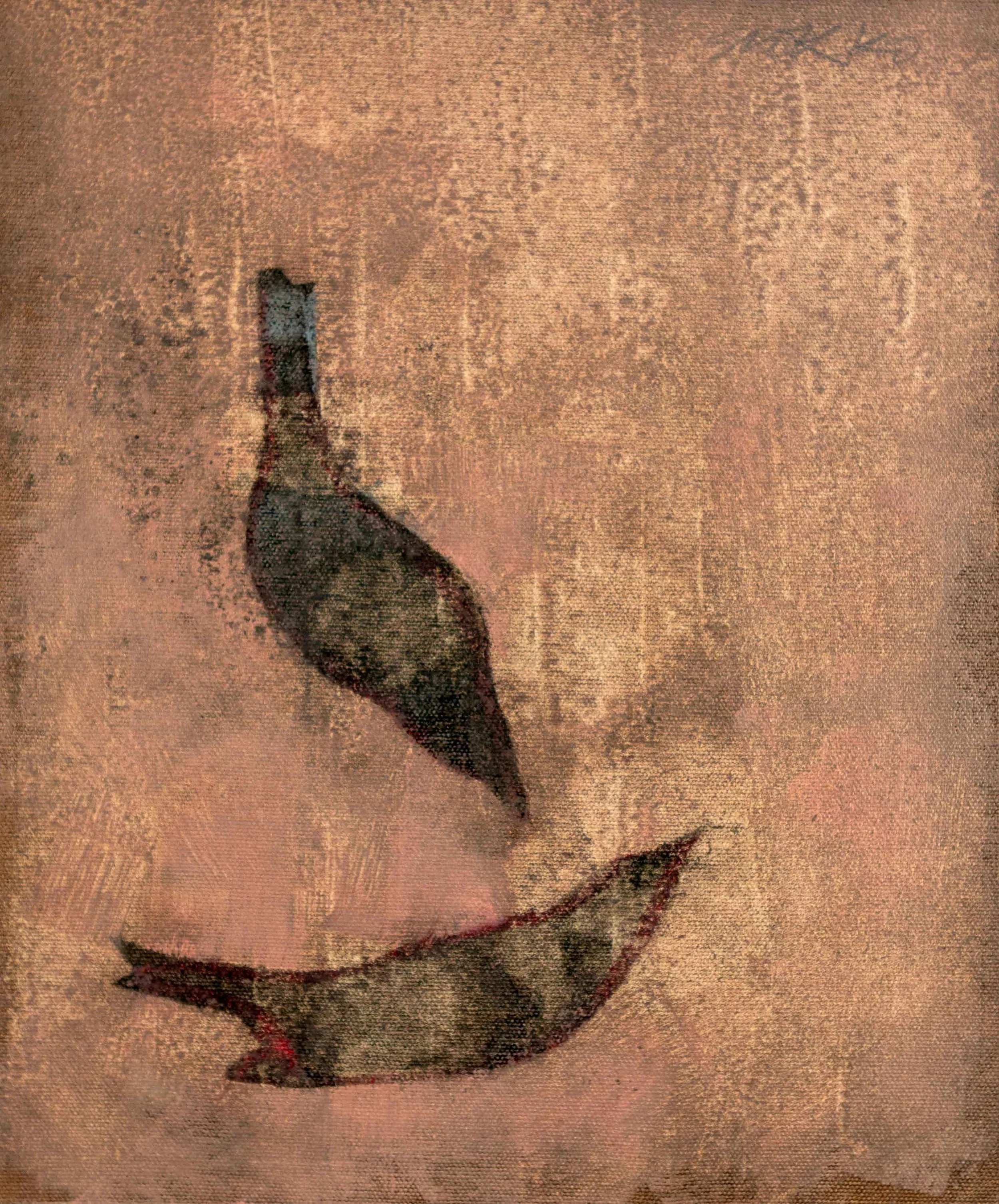 Two songbirds on a coral background, oil on linen.