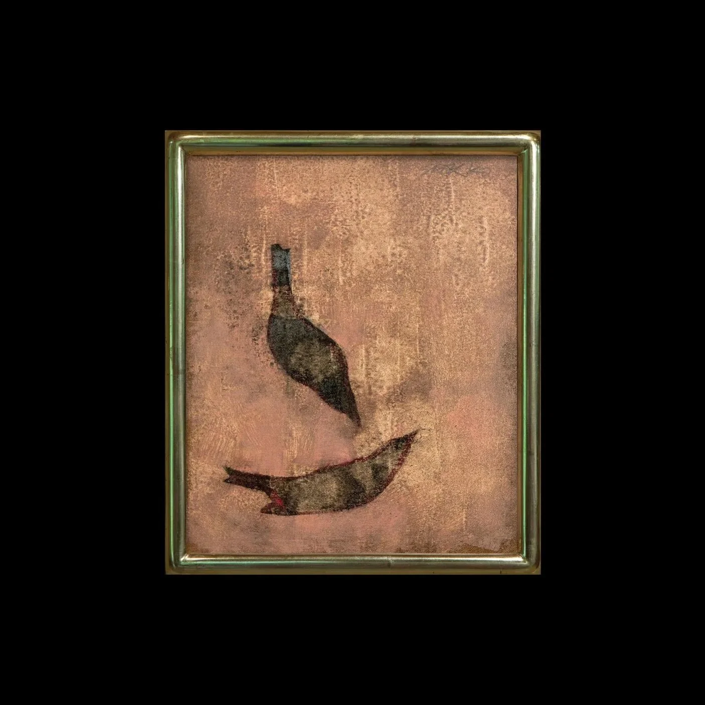 “Untitled (Two Birds),” an oil painting of two dark songbirds outlined in red by Vermont artist Glenn Suokko, set against a warm ochre and pink background, 2025.