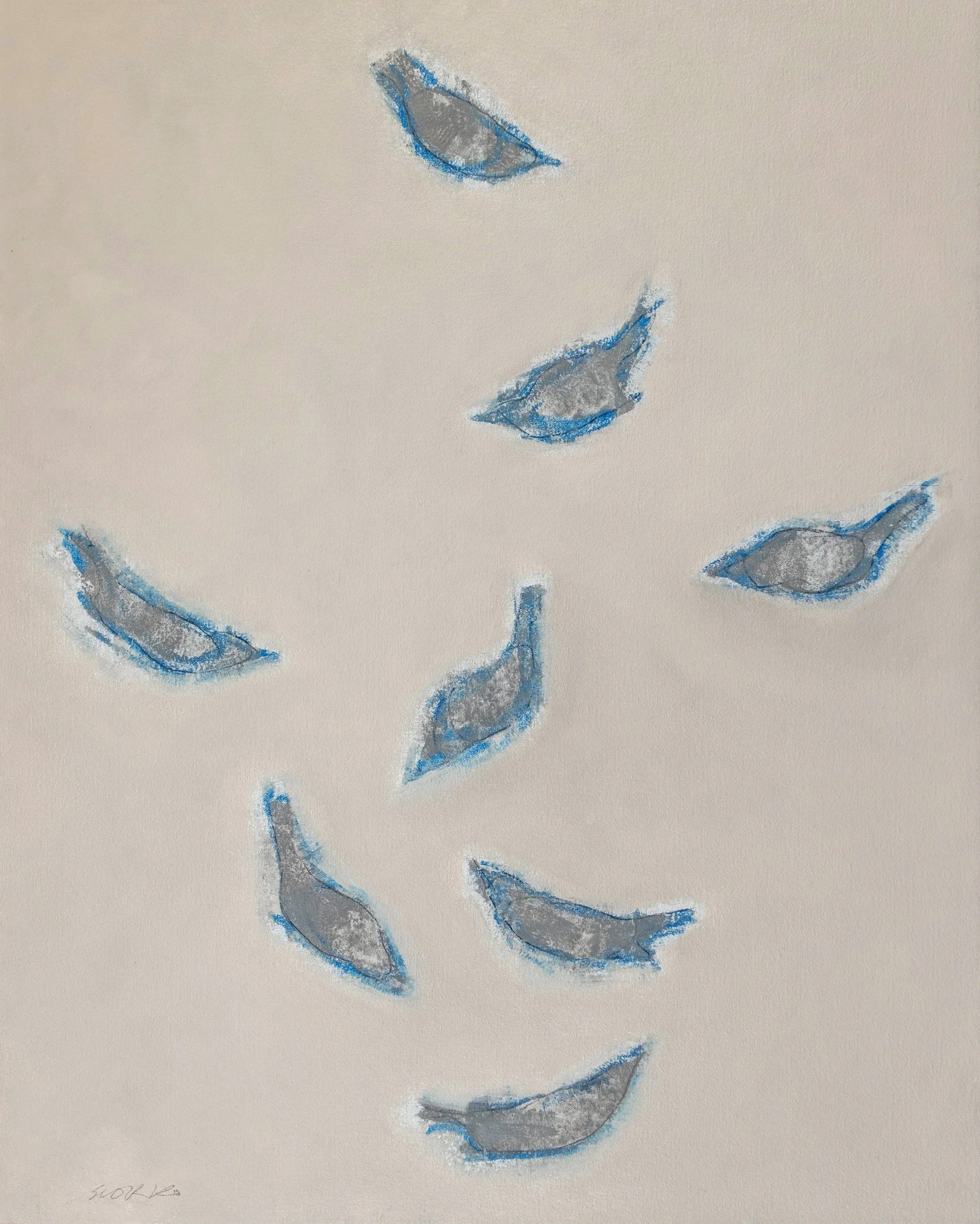 Several blue birds in playful flight, oil on canvas.