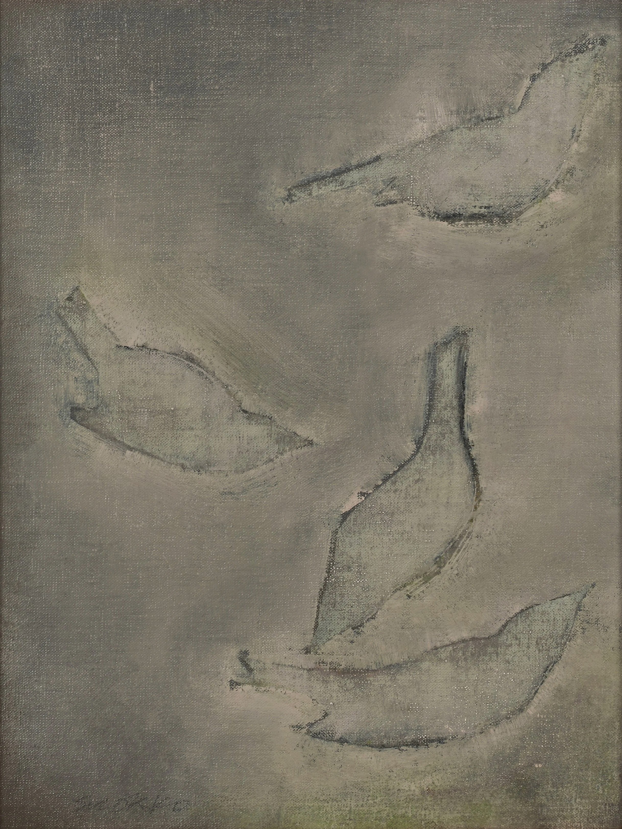 Four bird forms on a green and gray background, oil on canvas.