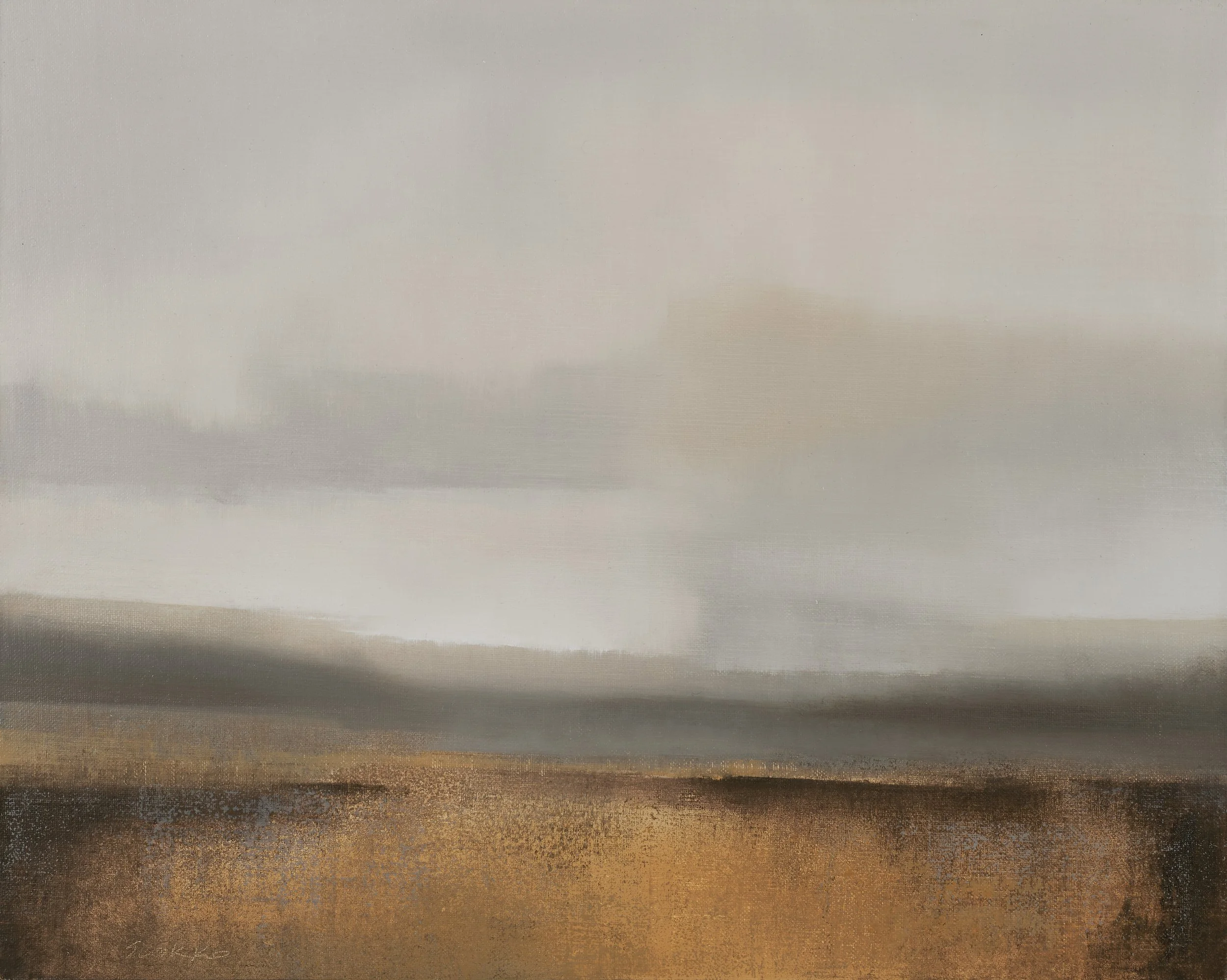 Landscape with gold meadow and misty sky, oil on linen.