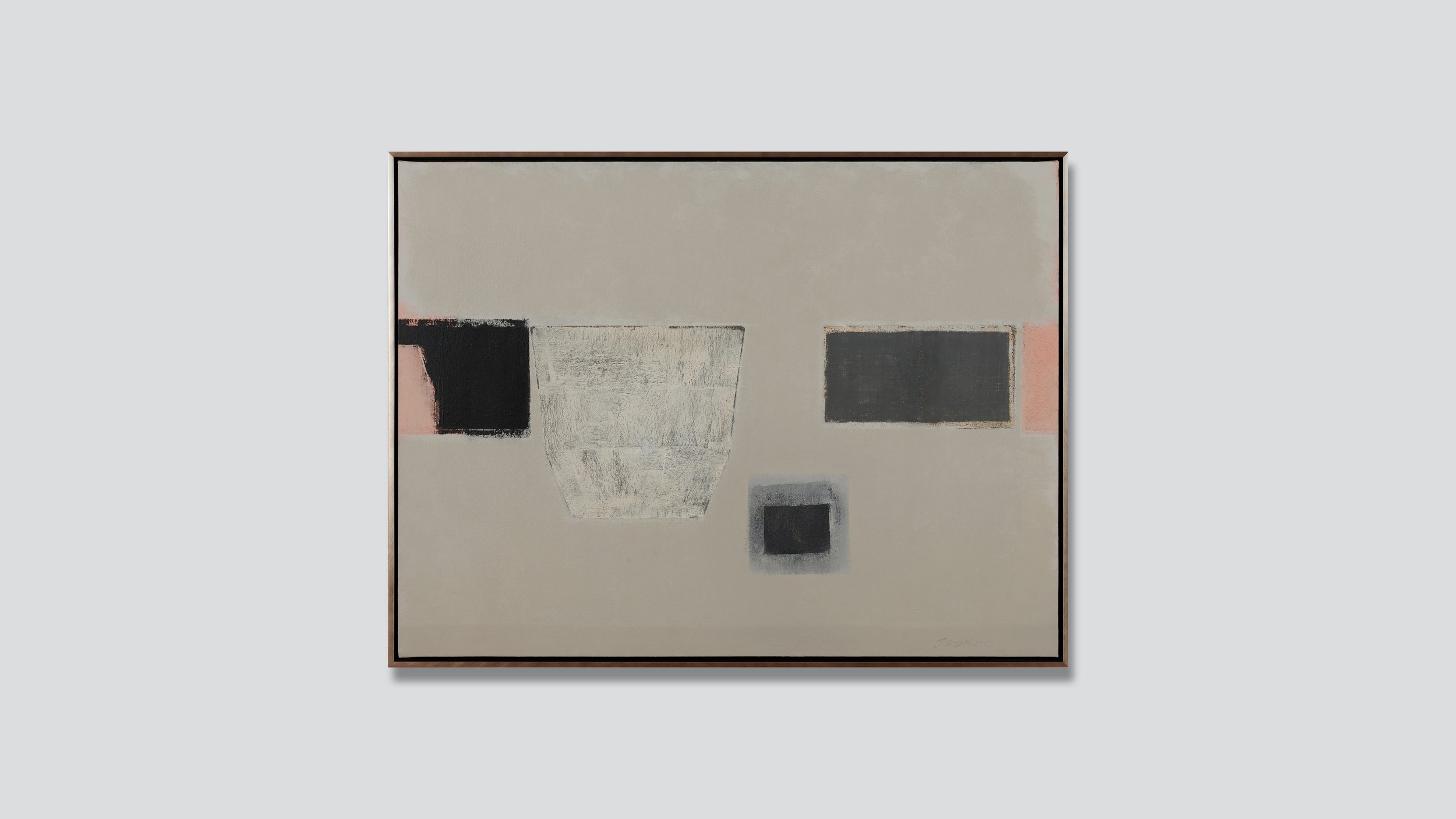 Framed abstract still life, oil on canvas.