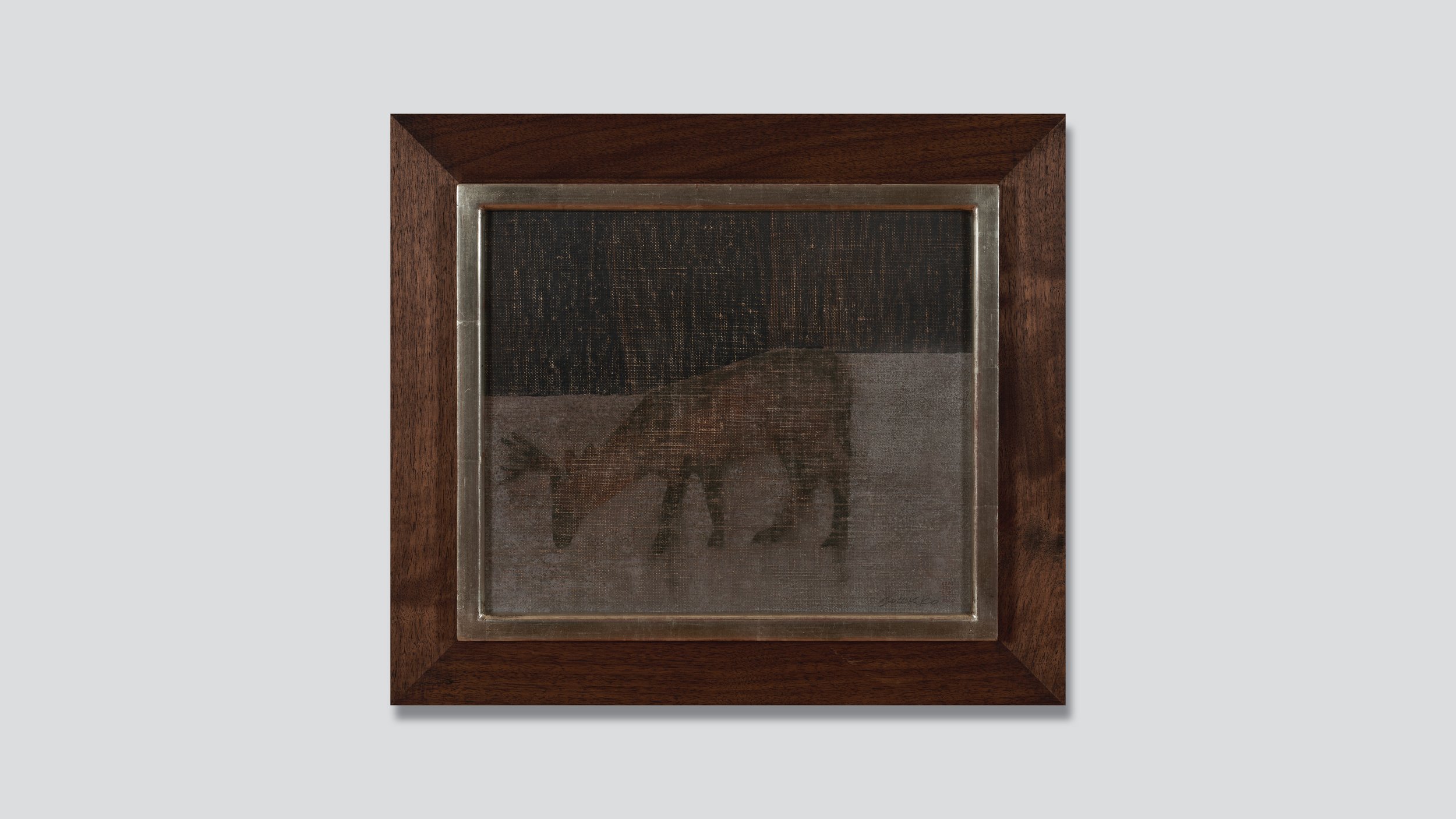 Framed painting of a grazing deer at twilight, oil on linen.