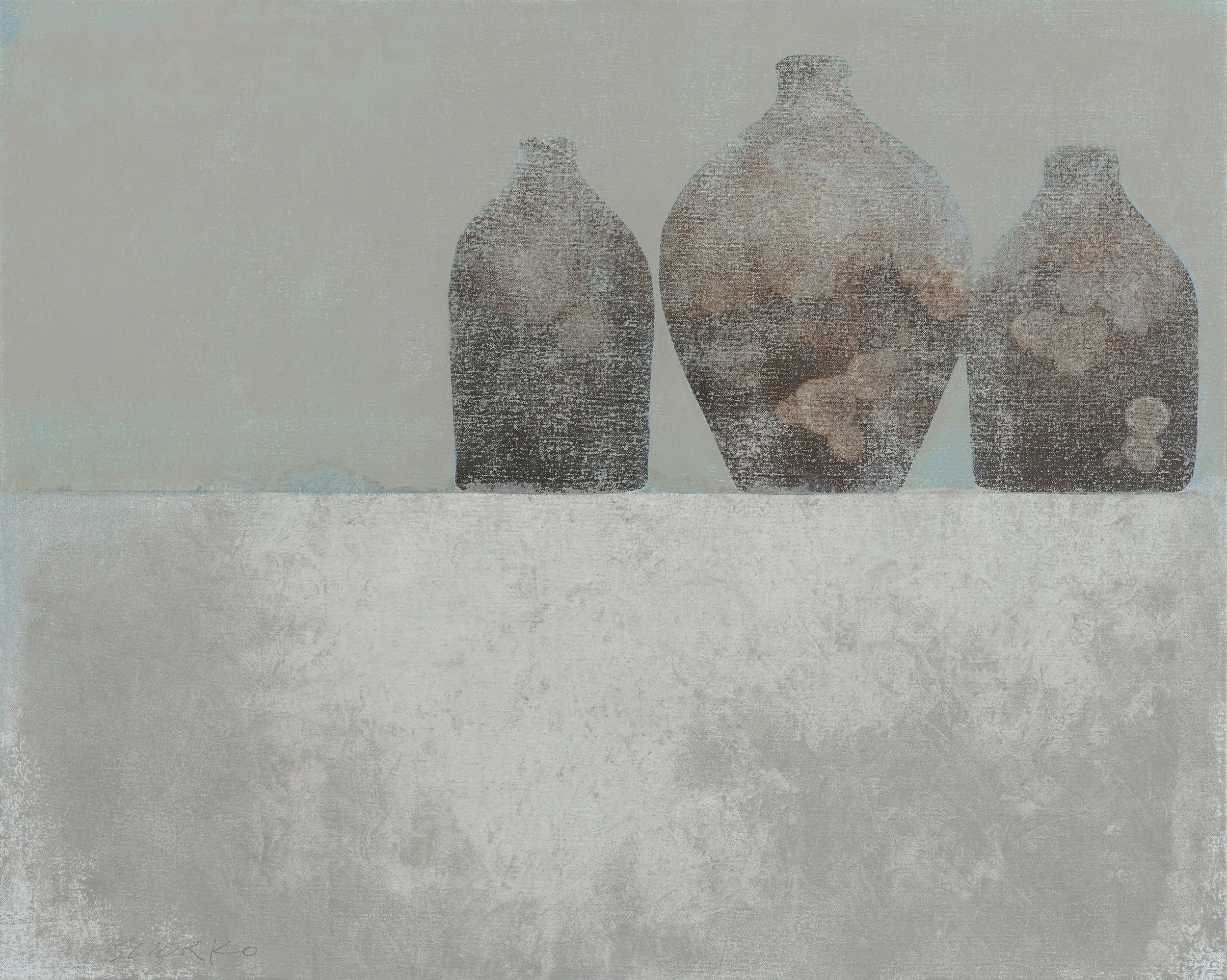 Still life with three old jugs, oil on canvas.