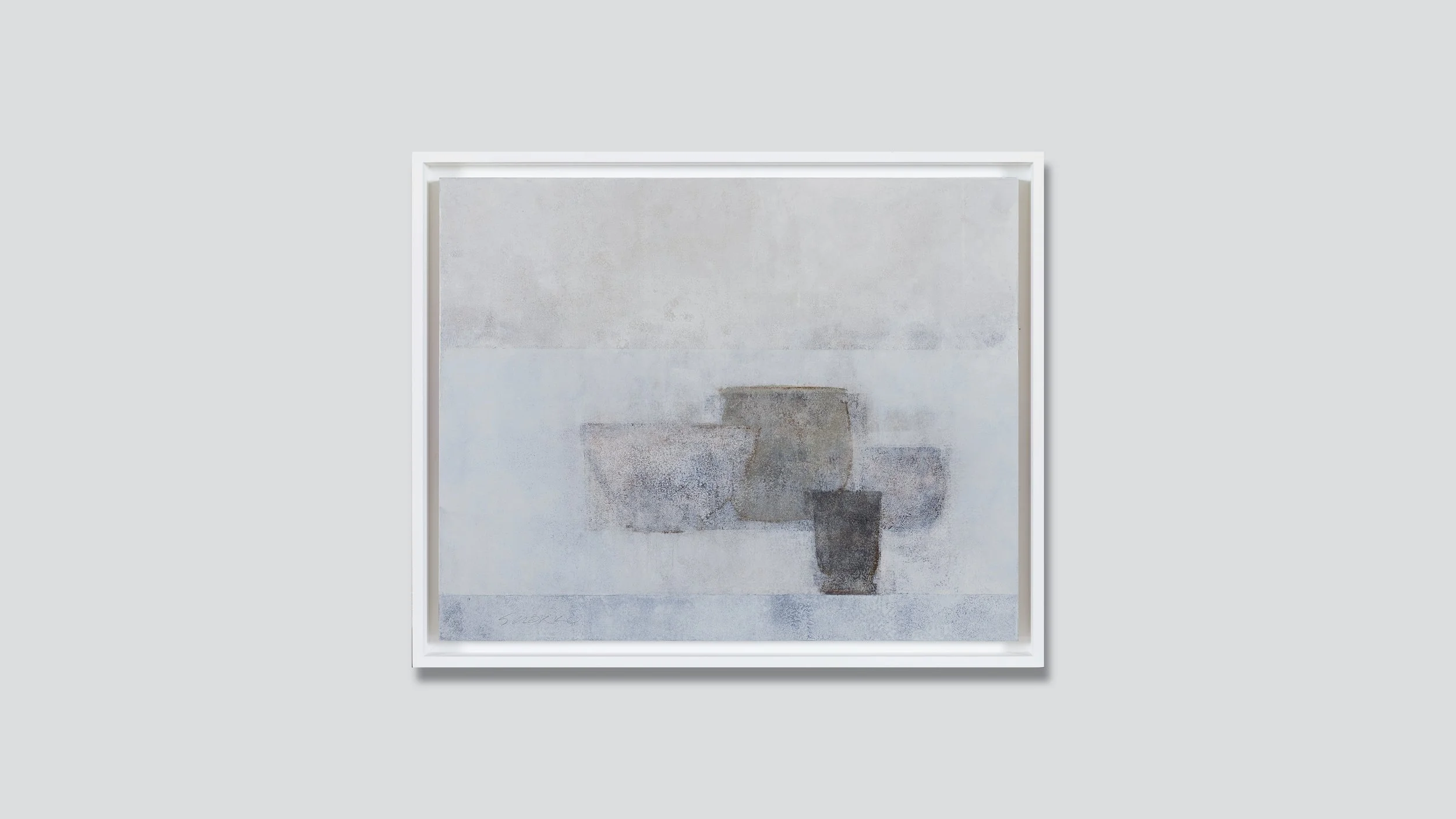 Framed oil painting on a gallery wall.