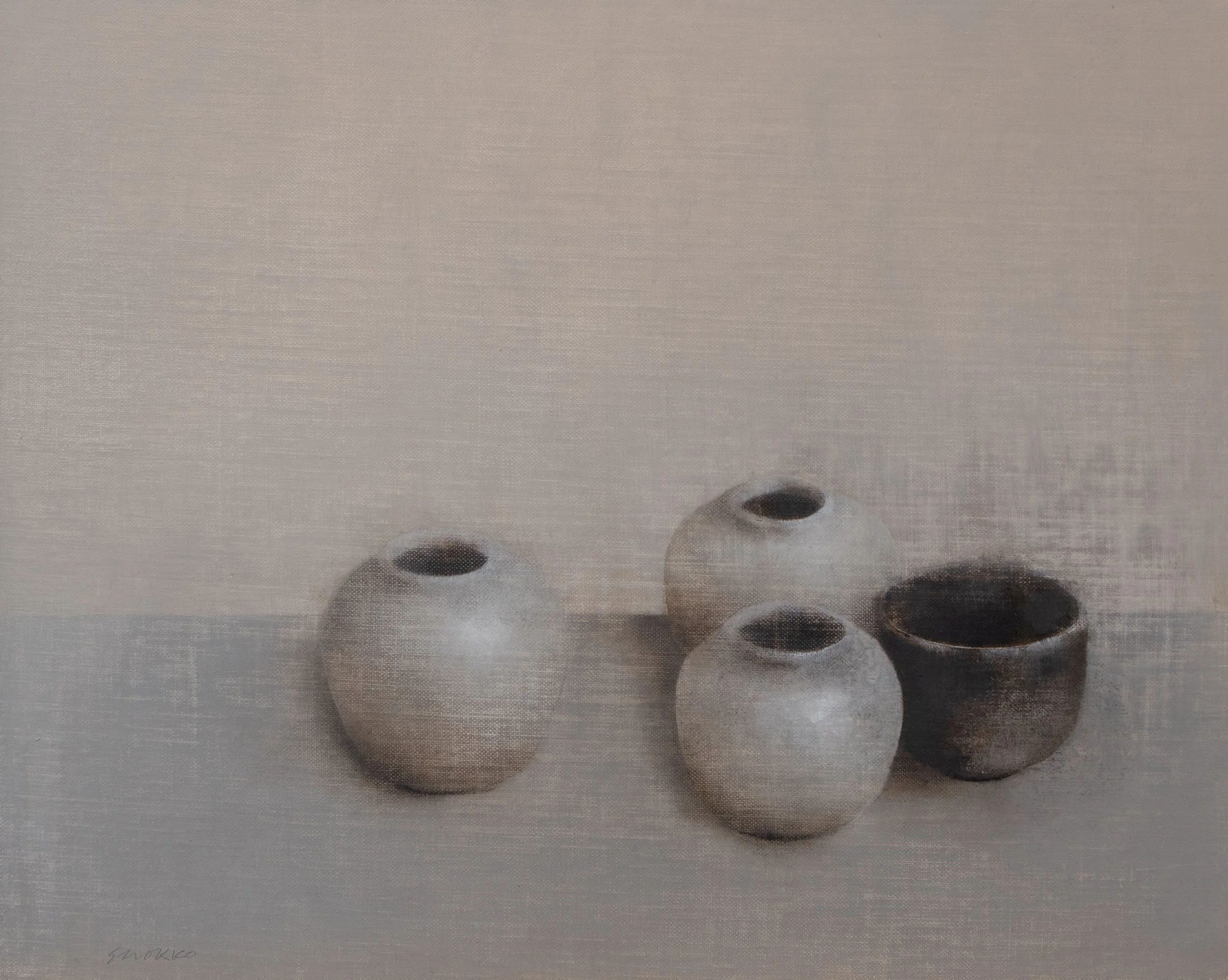 Still life in neutral grays with four vessels, oil on linen.