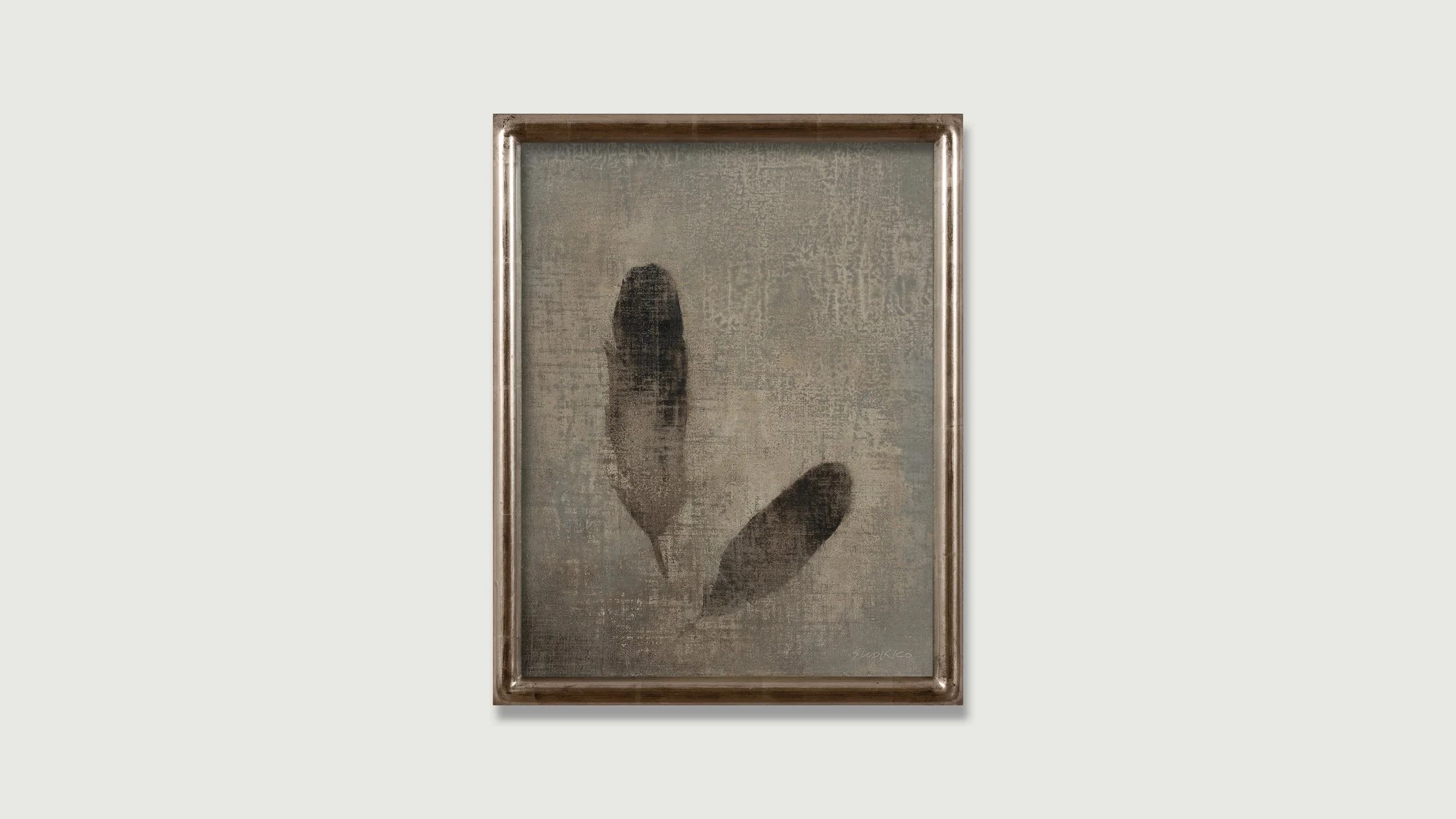 Framed painting of two bird's feathers, oil on linen, Glenn Suokko.