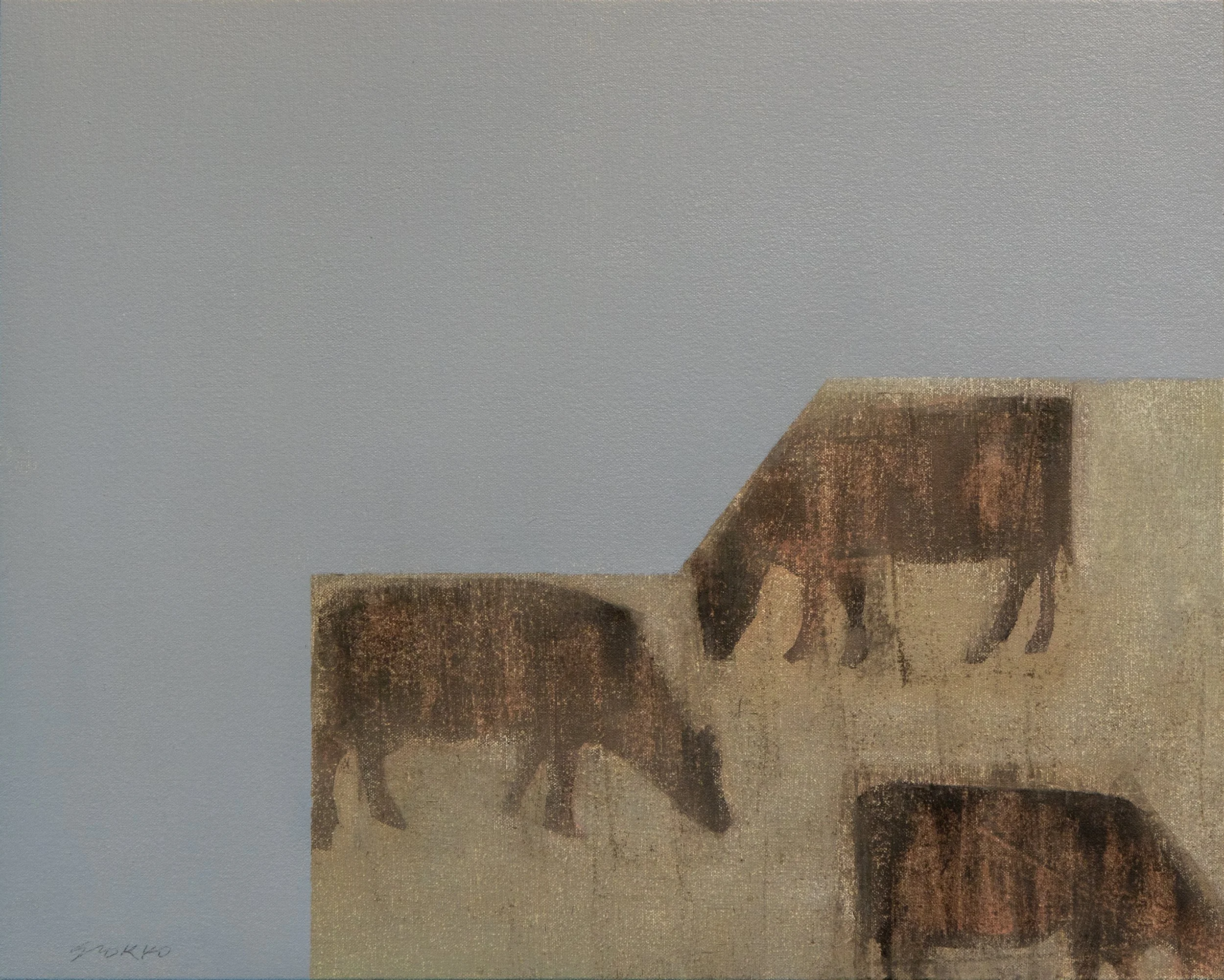 Three grazing cows on a minimalist background, oil on canvas.