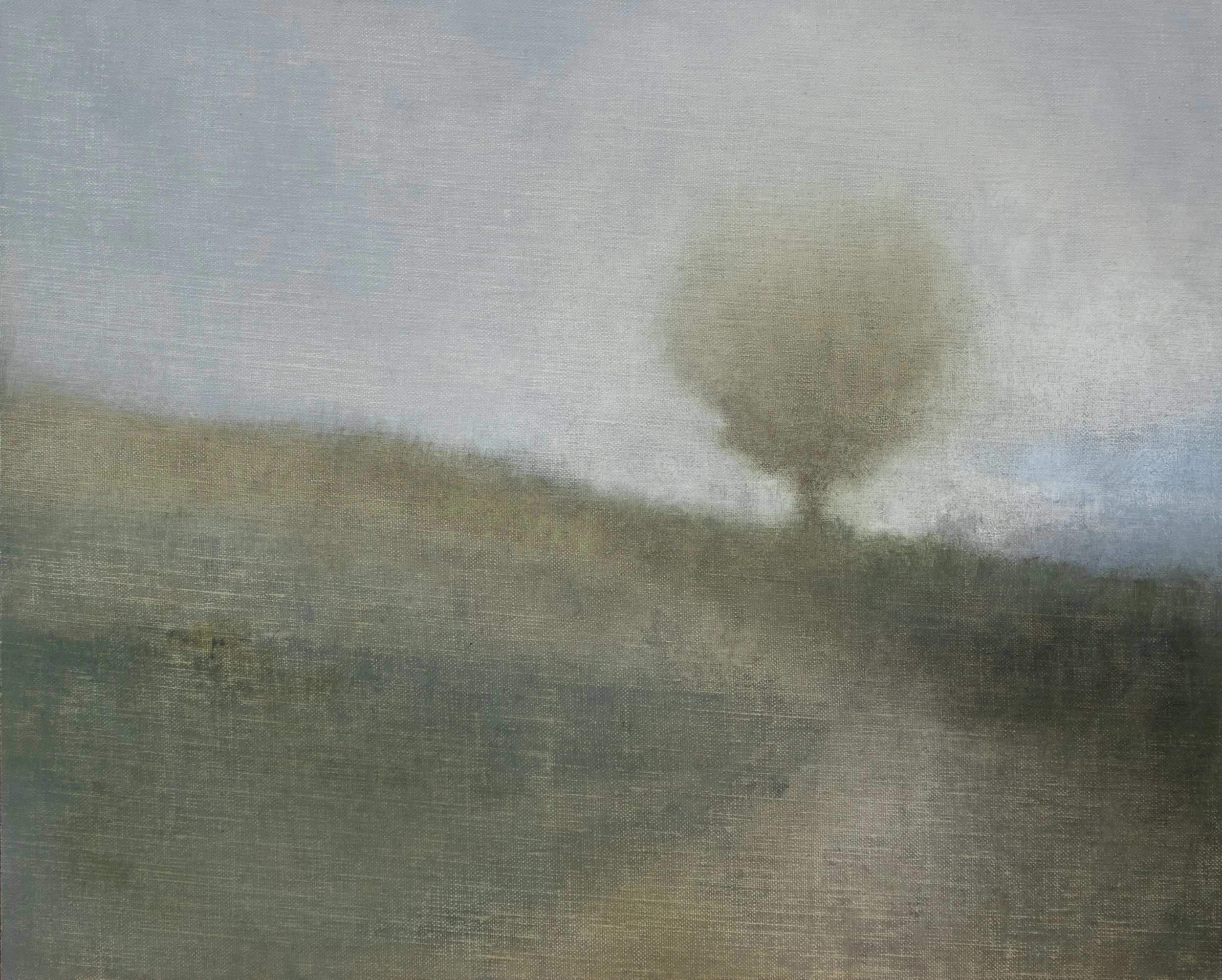Landscape with tree on a hillside meadow in soft colors, oil on linen.