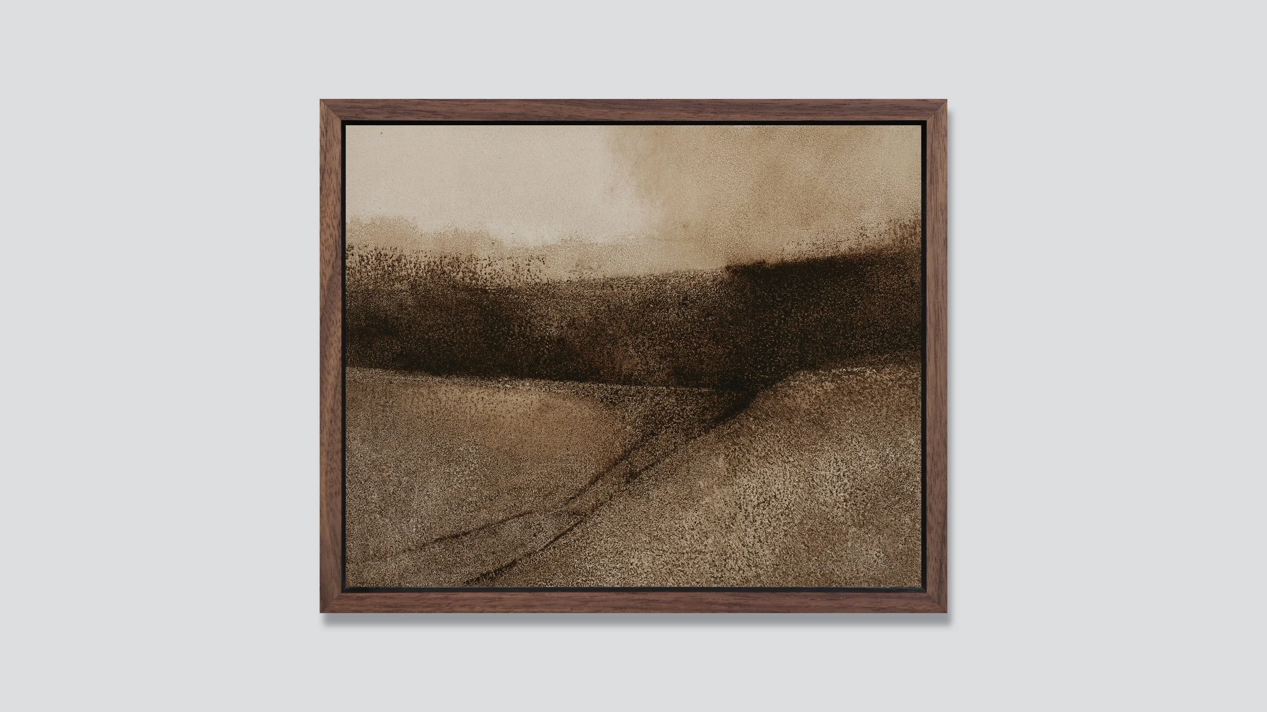Rustic landscape in raw umber, oil on wood, Glenn Suokko.