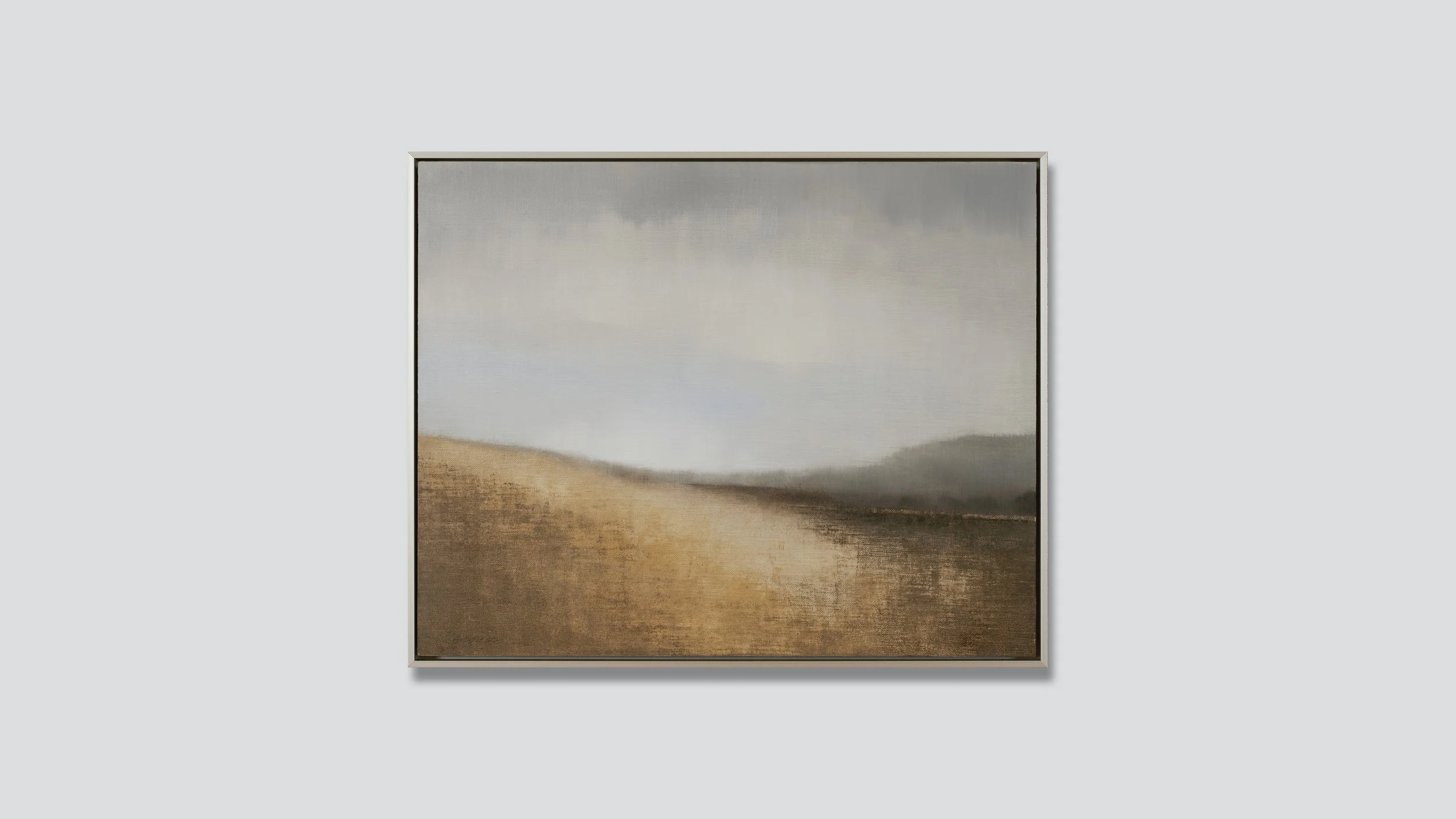 Framed landscape with hillside meadow, oil on linen.