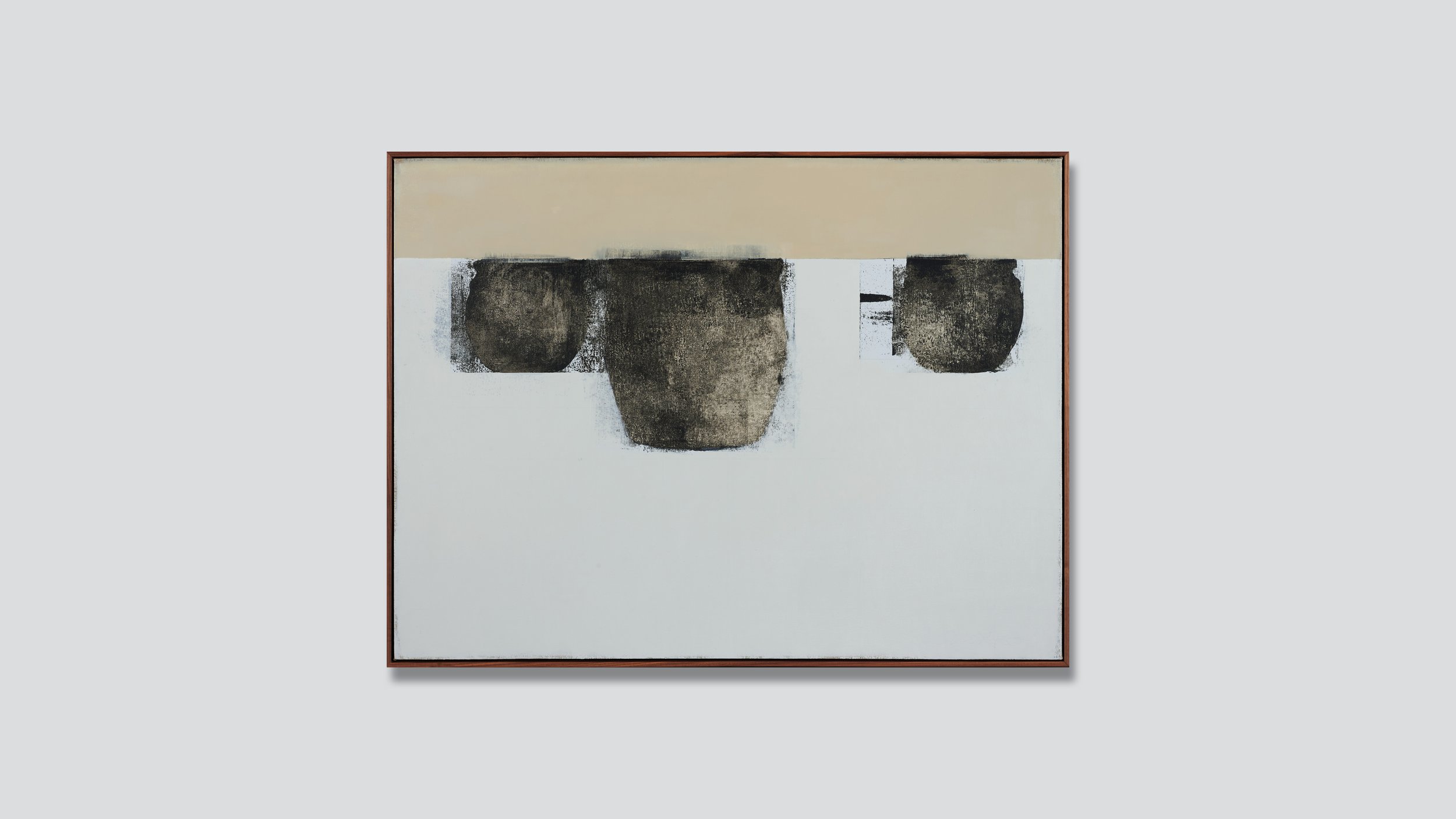 Framed abstract still life with three dark vessels on a light background.