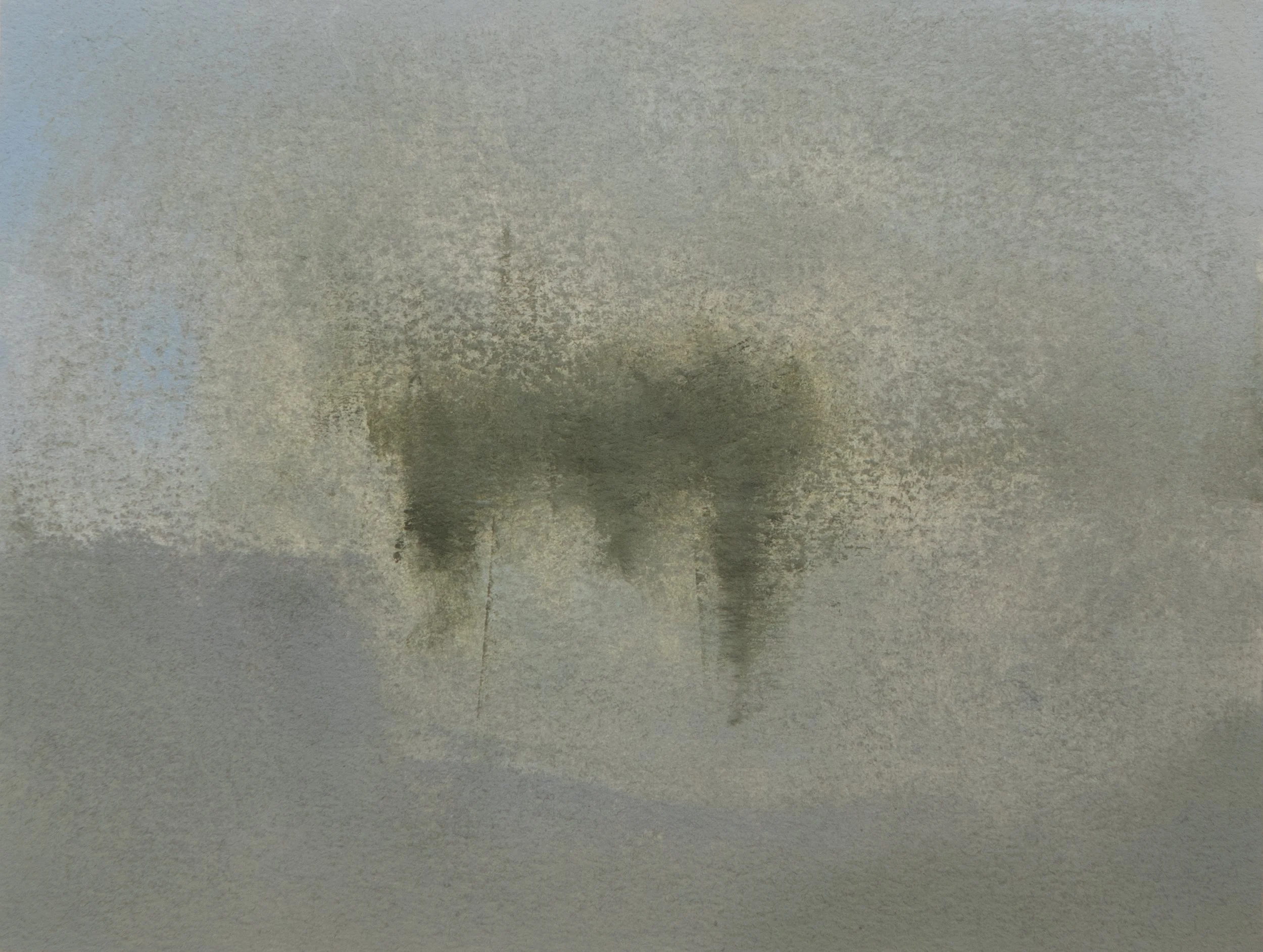 Landscape in tonal, muted colors, oil on paper.