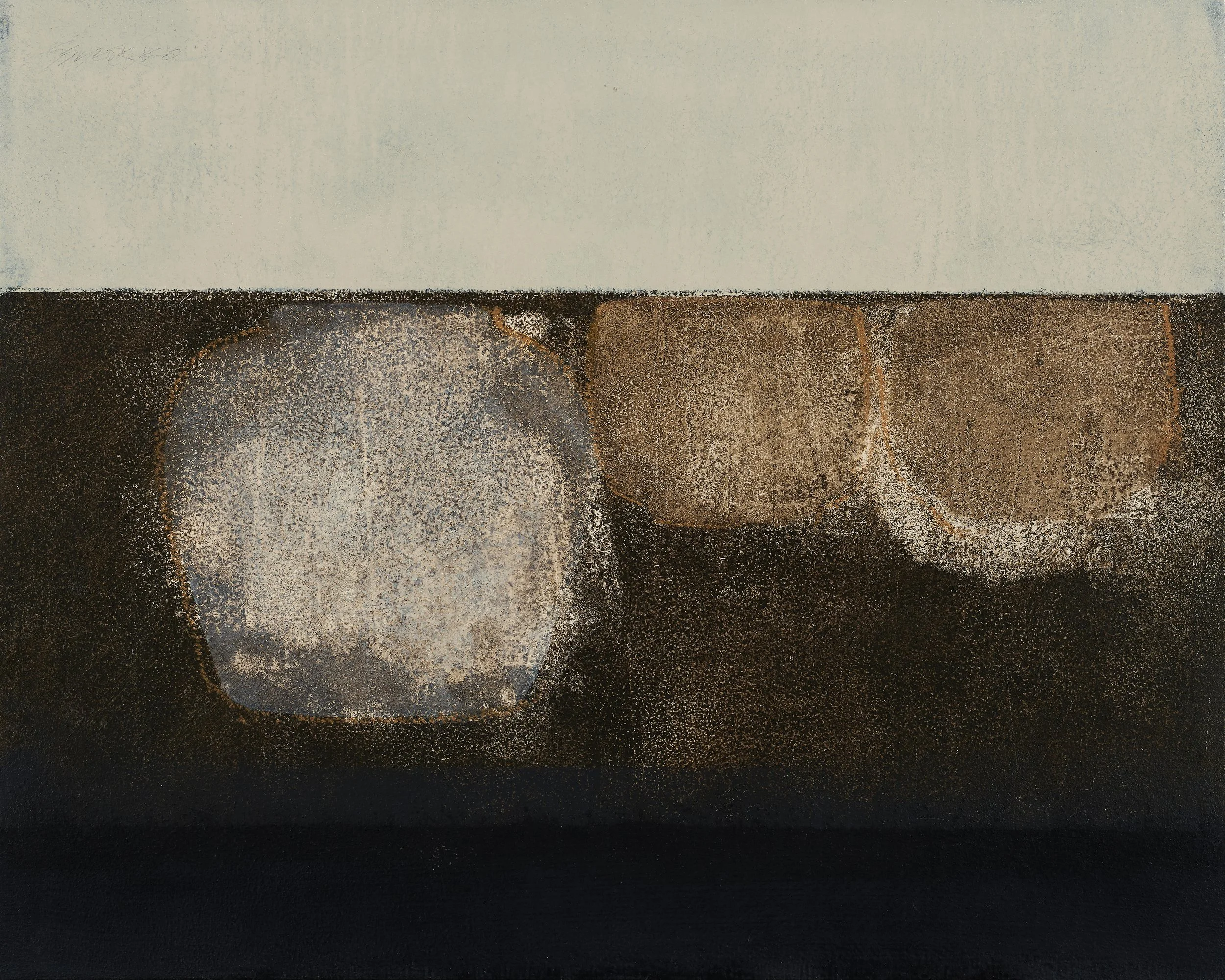 Abstract composition representing three vessels, oil on wood panel.