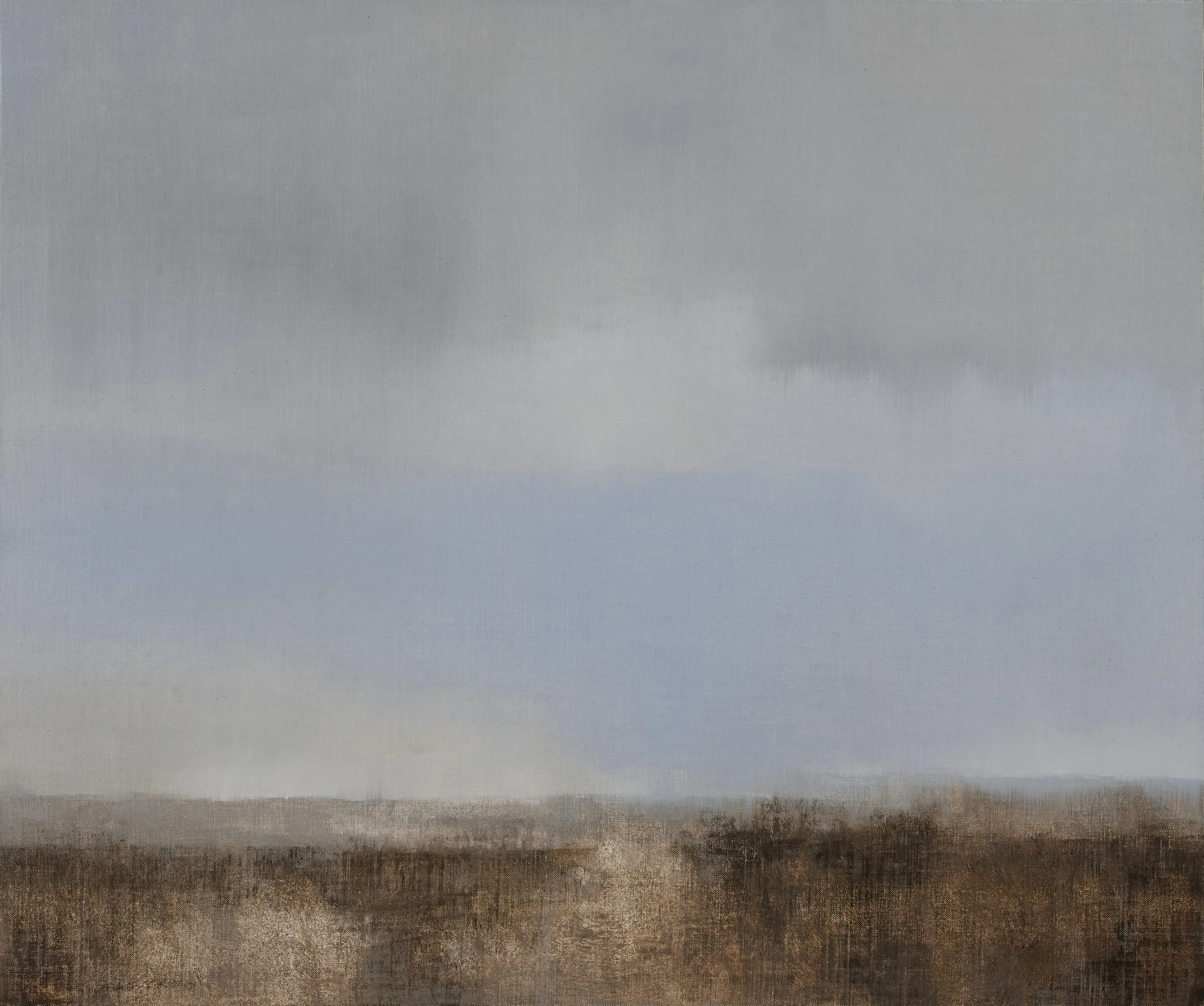 Framed landscape with meadow and gentle rain, oil on linen.