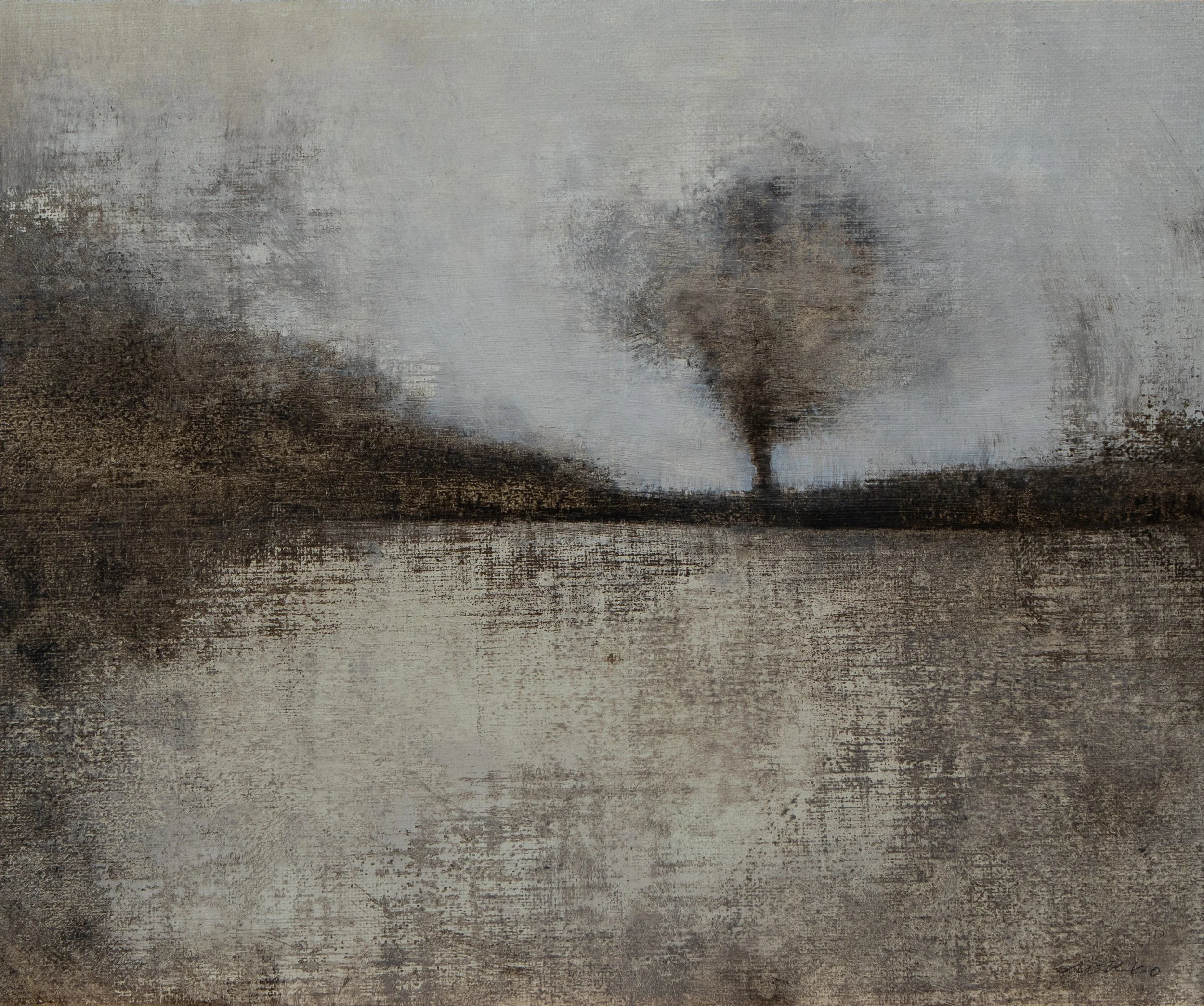 Landscape with apple tree, oil on linen.