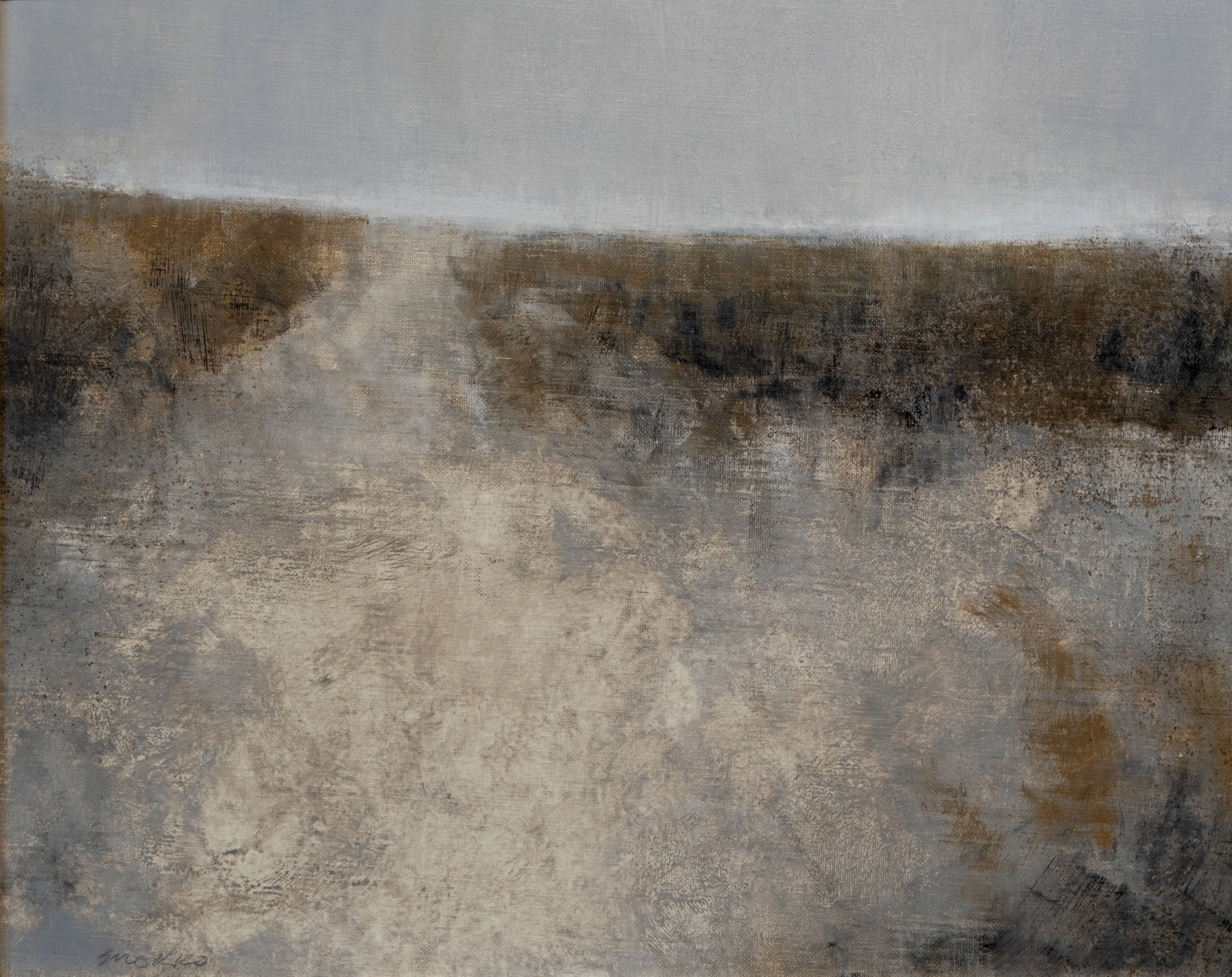 Landscape with pathway in earth colors, oil on linen.