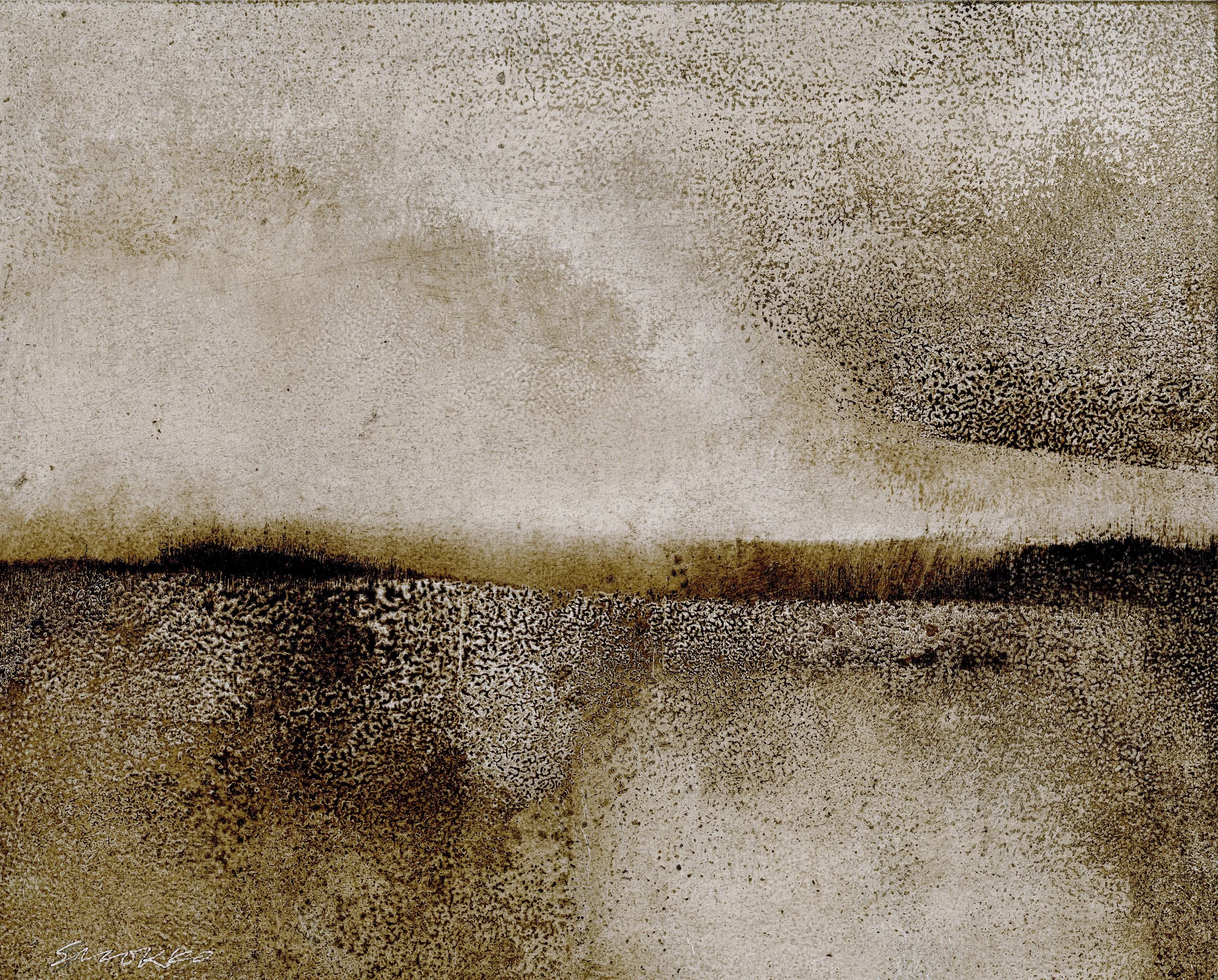 Minimalist oil painting of a meadow, rendered in atmospheric raw umber earth pigments.