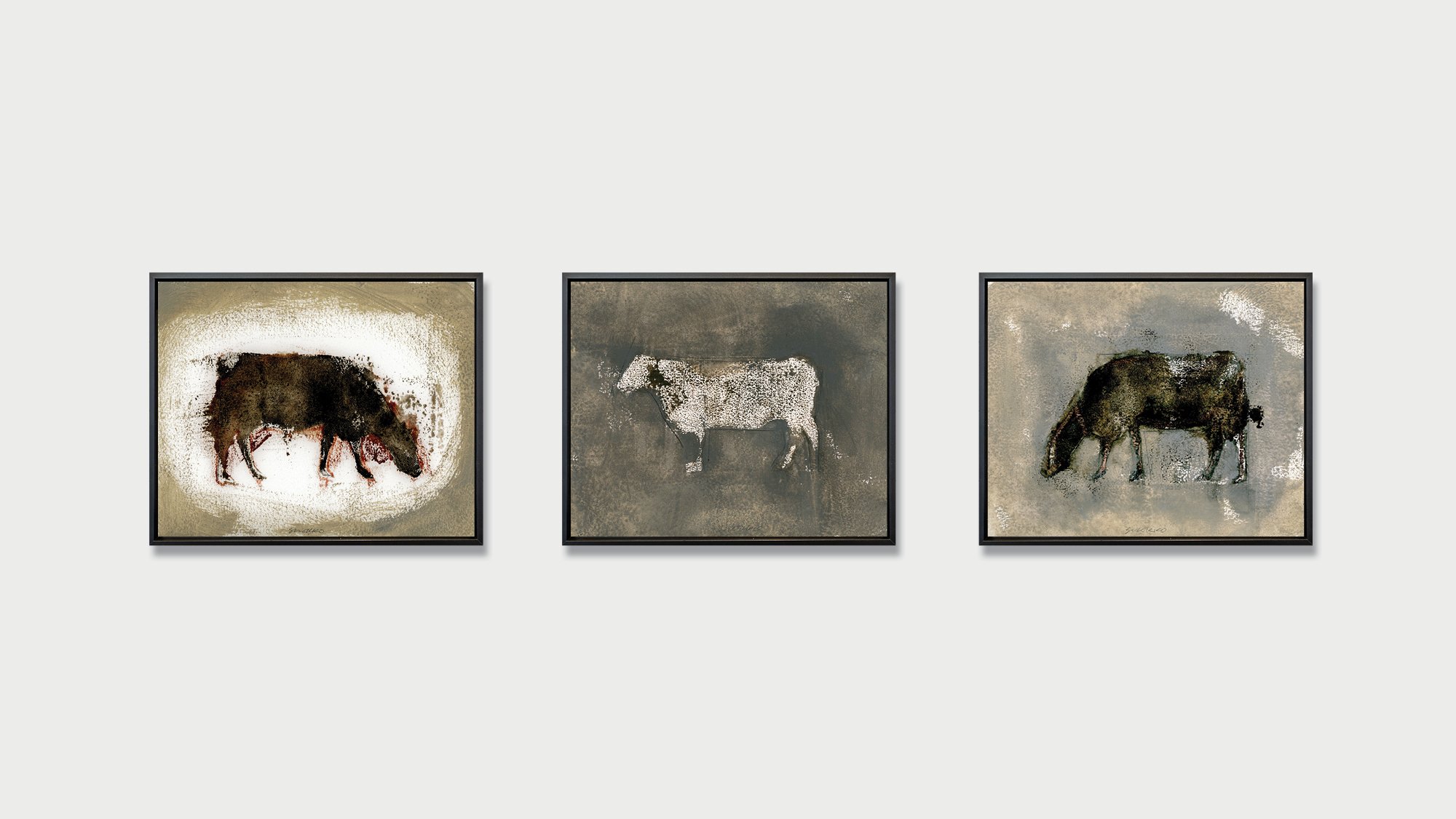 Three framed painting from the Angus series, oil on paper, by Glenn Suokko.