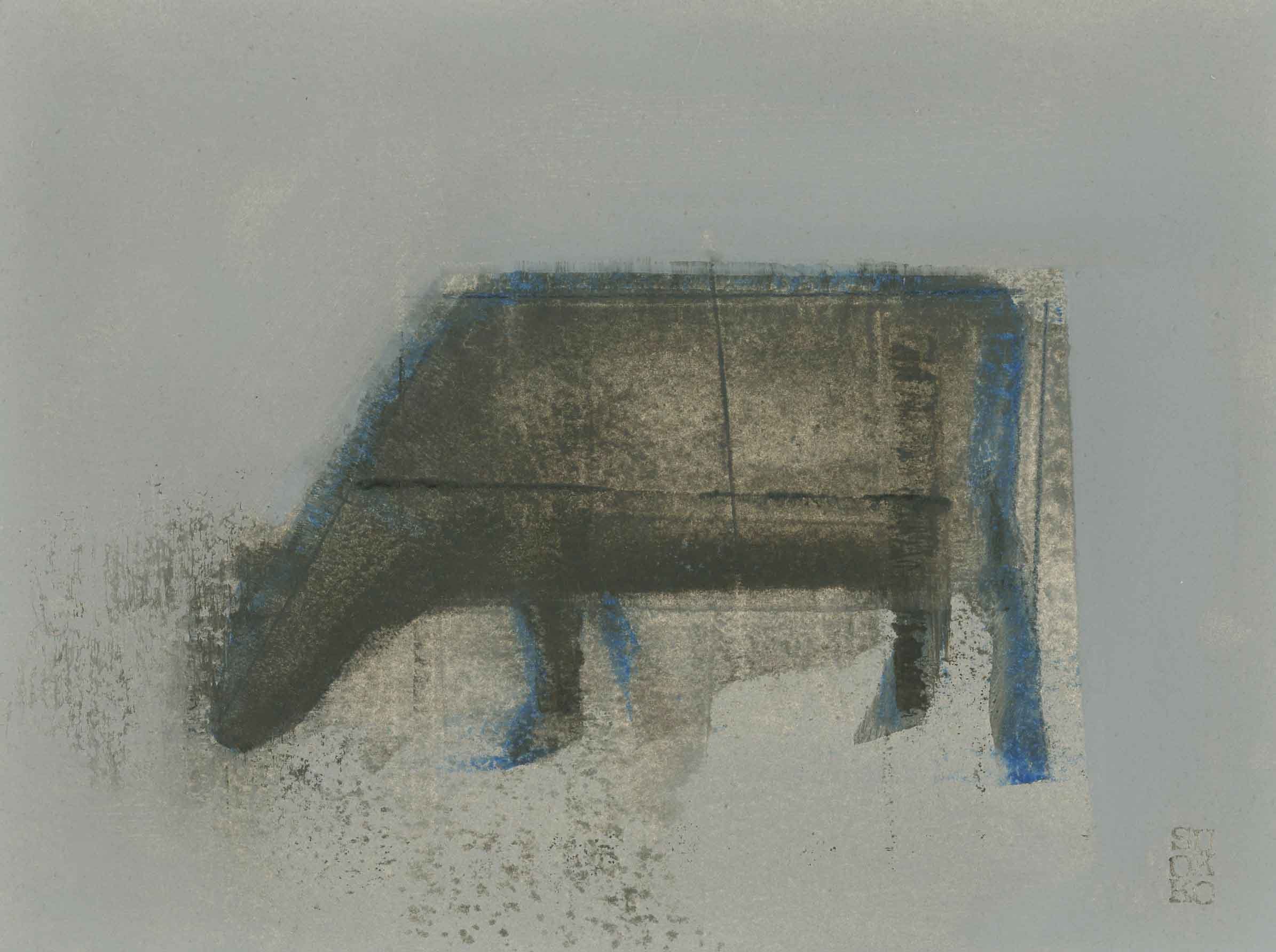 Grazing cow, oil on paper.
