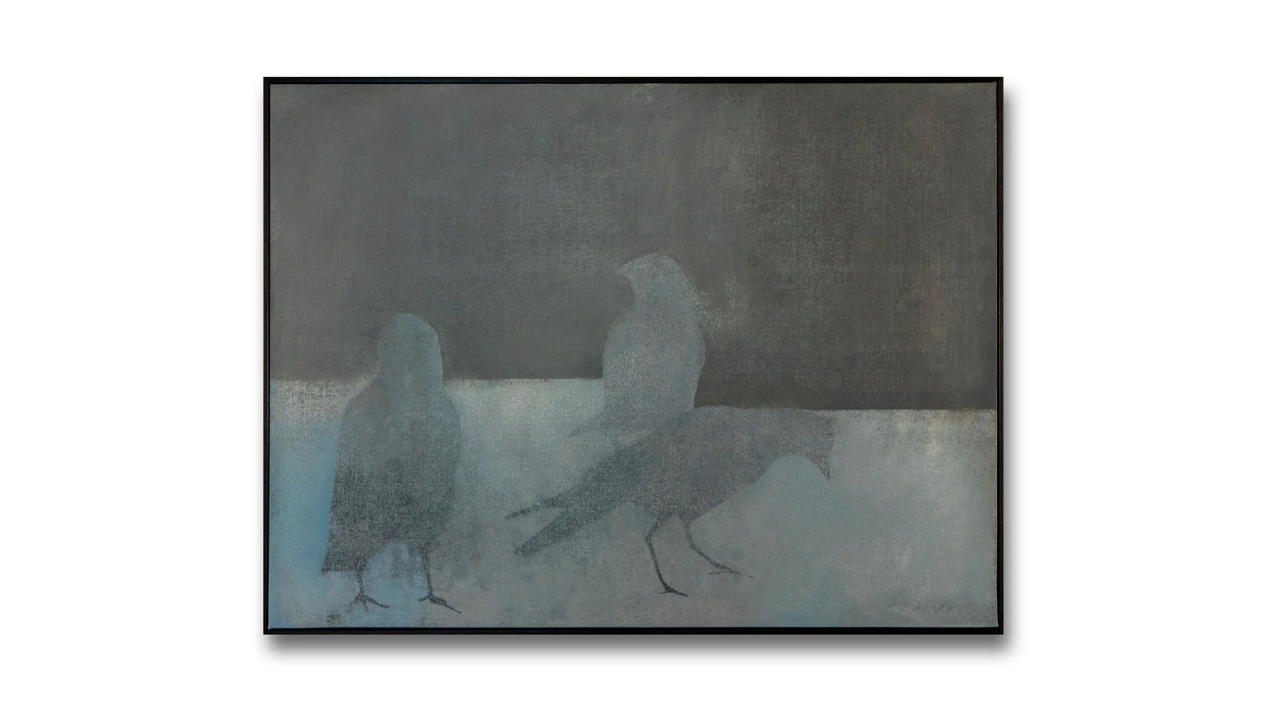 Oil painting of three crows by Vermont artist Glenn Suokko, exploring the balance of movement and stillness through layered texture, 2025.