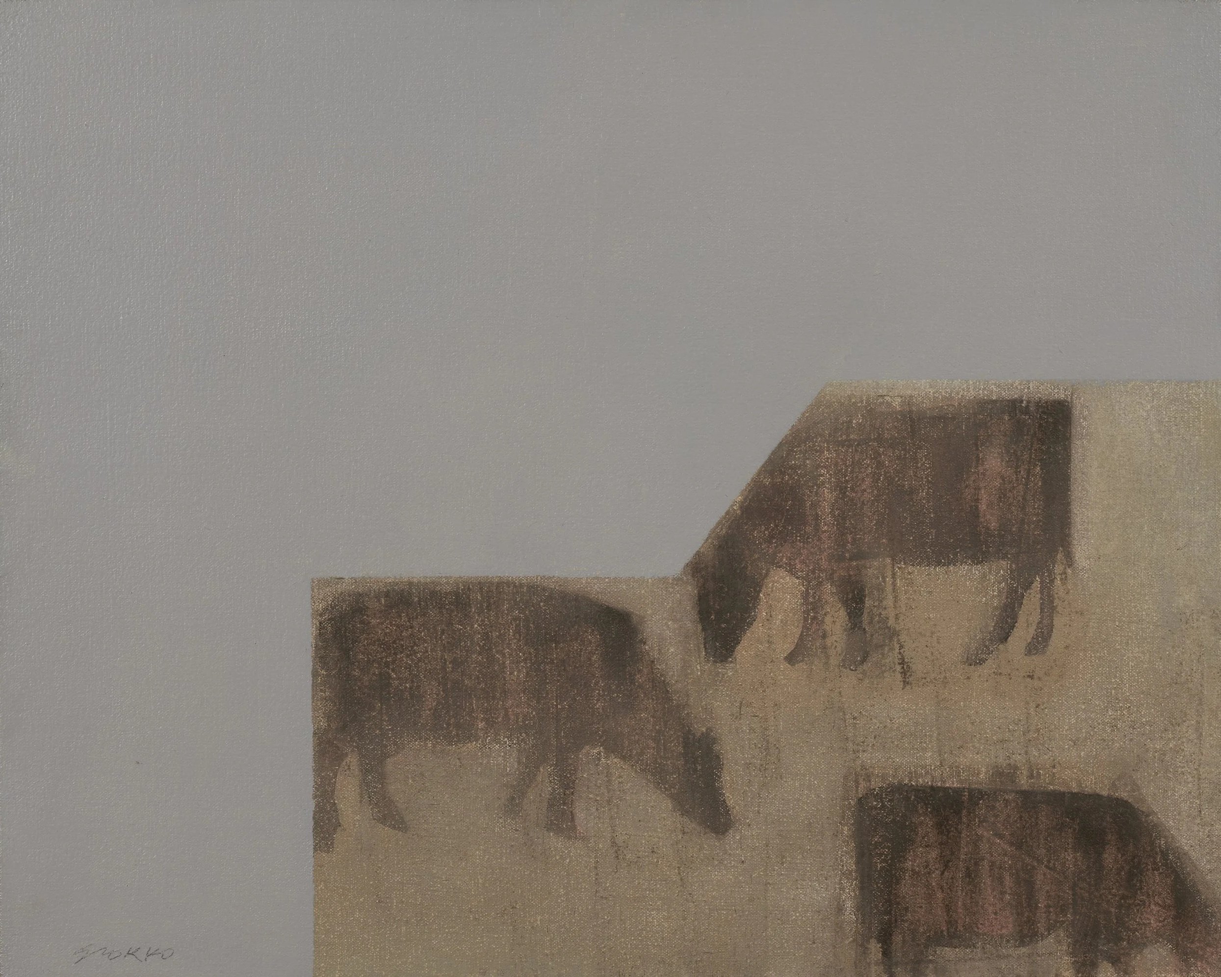 Three grazing cows on a geometric field, oil on canvas.