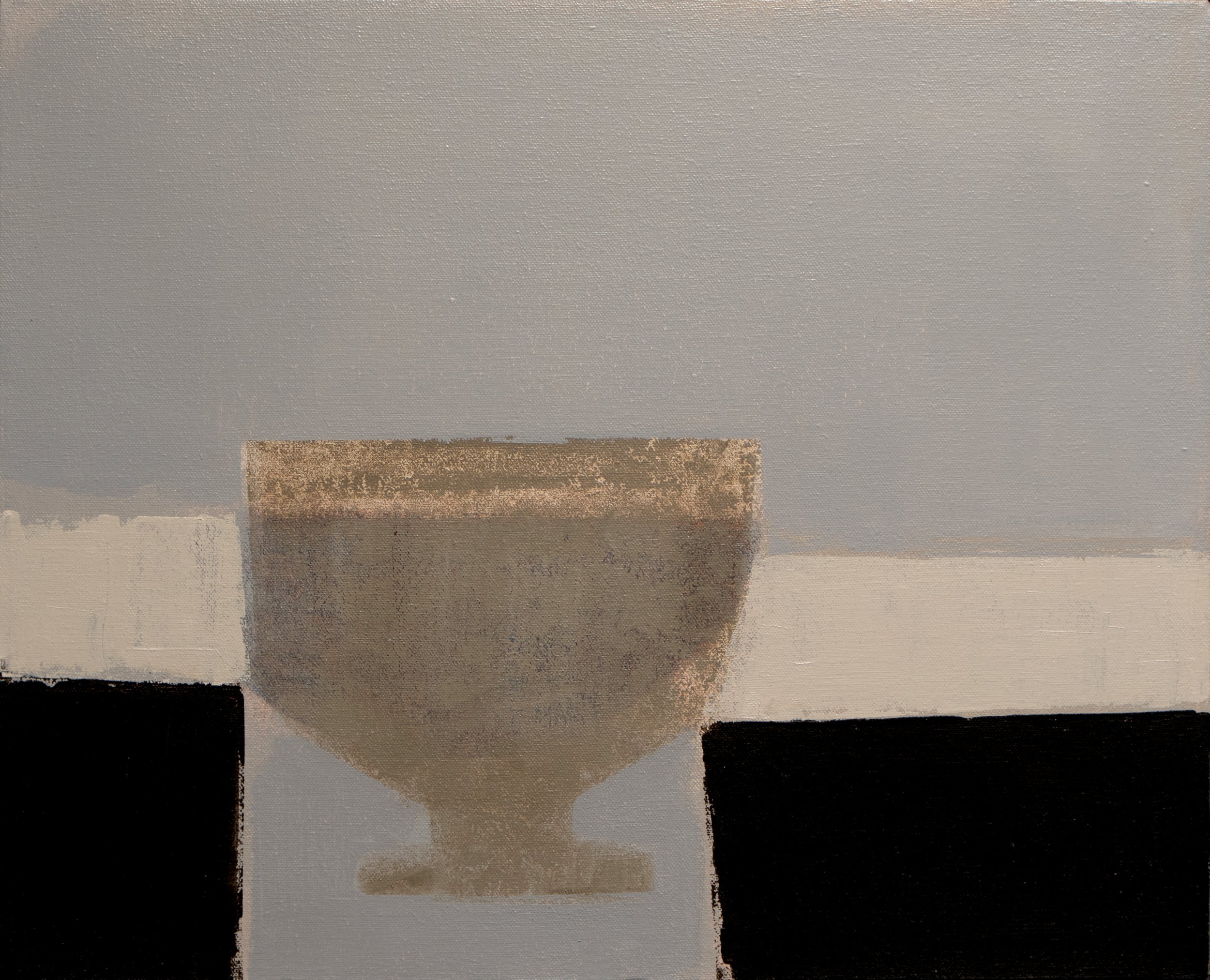 Still life with pedestal bowl on a gray cloth on a black table, oil on canvas.