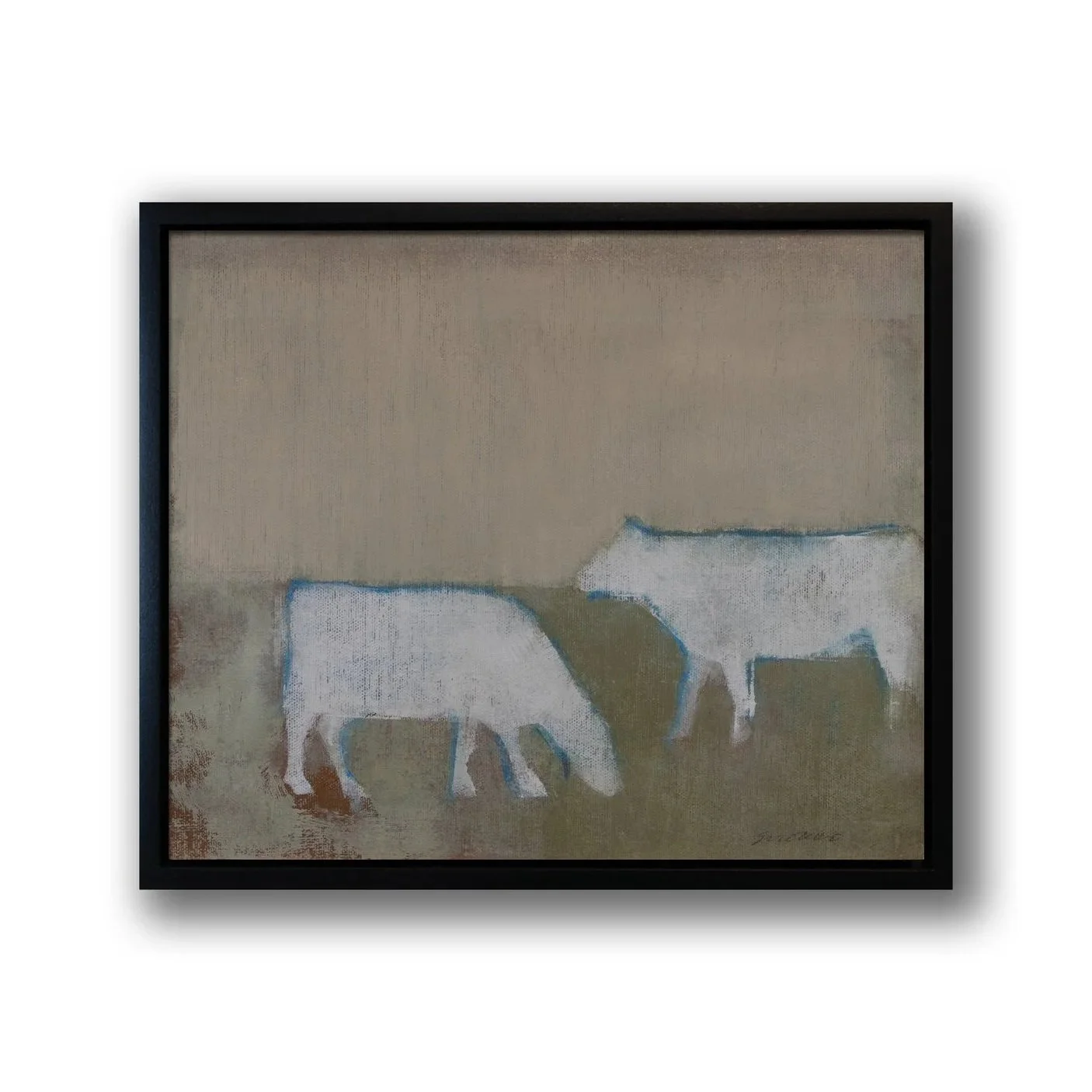 Oil painting by Glenn Suokko of two white cows outlined in blue within an abstracted pasture, created with oil stick, monotype, and brushwork on linen board, framed in black wood, 2025.